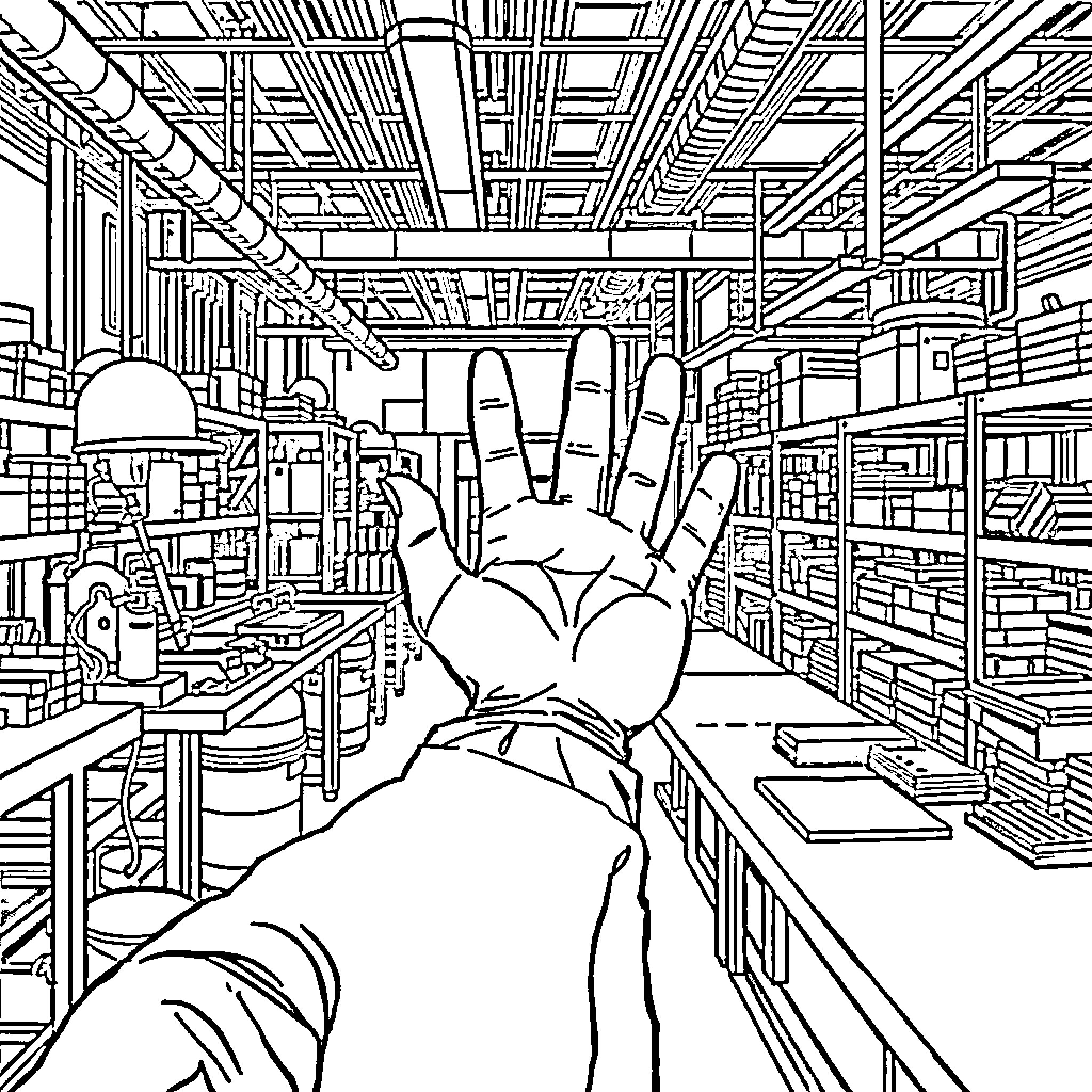 Hand Reaches for Knowledge in Towering Library Coloring Page (free black-and-white line drawing printable PDF for all, from beginners to advanced learners, including children, teens, adults, and seniors)