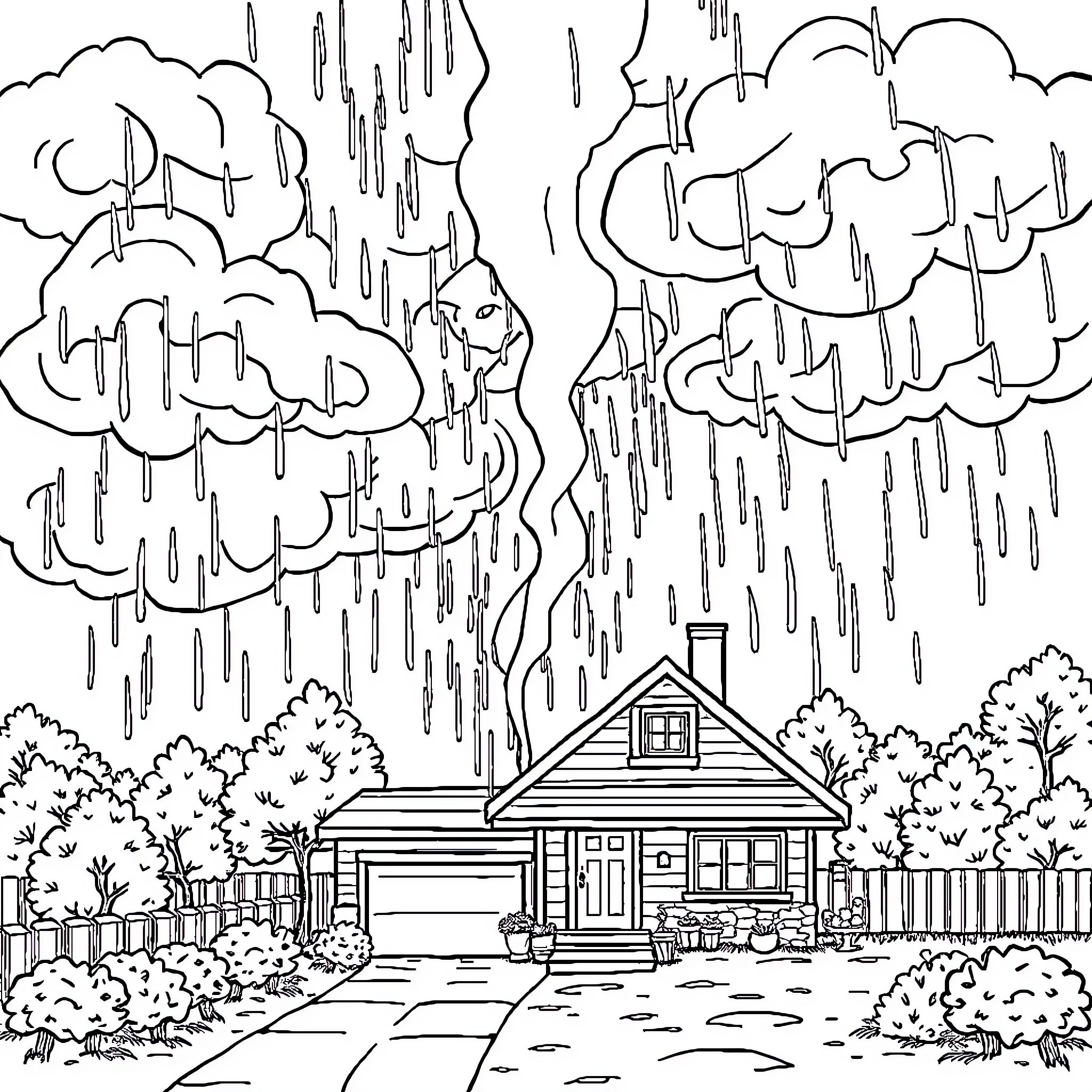 Cloud storm rolling over tranquil countryside home Coloring Page (free black-and-white line drawing printable PDF for all, from beginners to advanced learners, including children, teens, adults, and seniors)