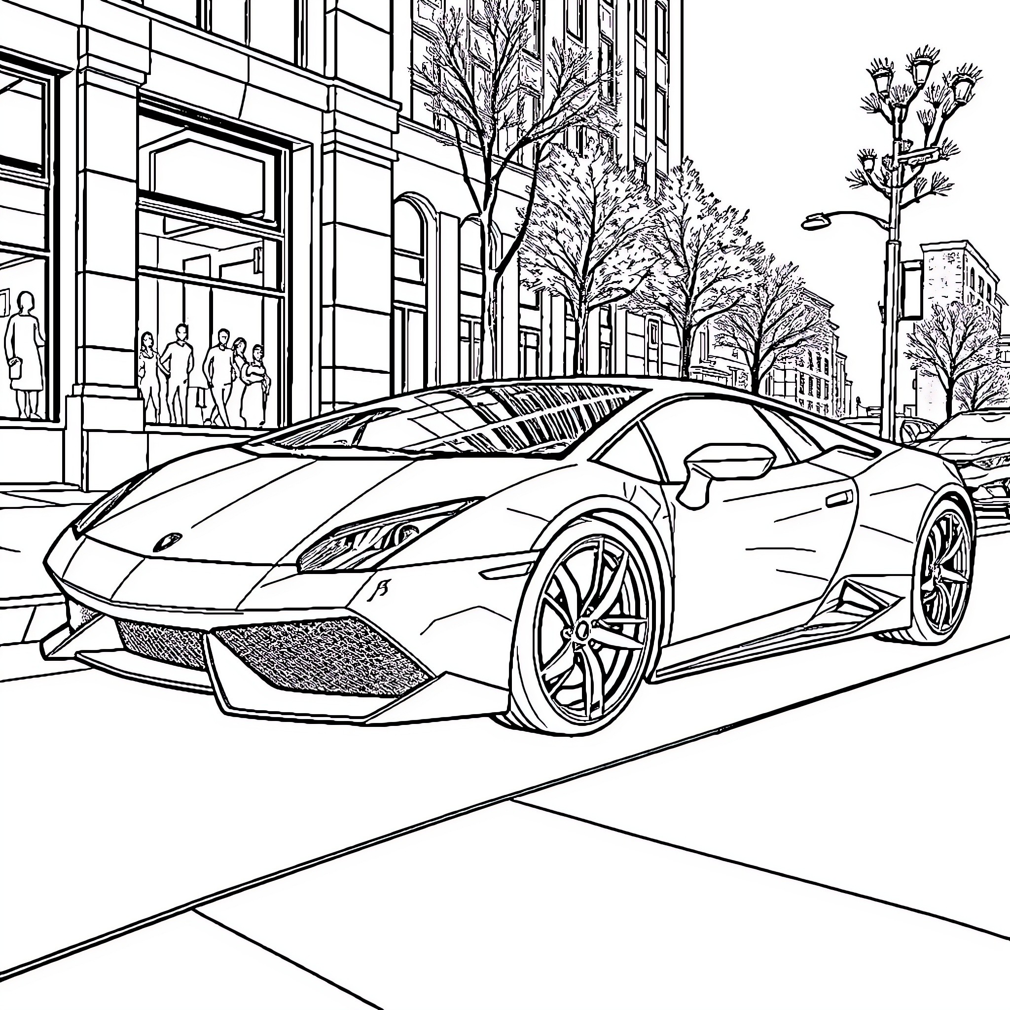 Lamborghini sports car in a busy city street Coloring Page (free black-and-white line drawing printable PDF for all, from beginners to advanced learners, including children, teens, adults, and seniors)