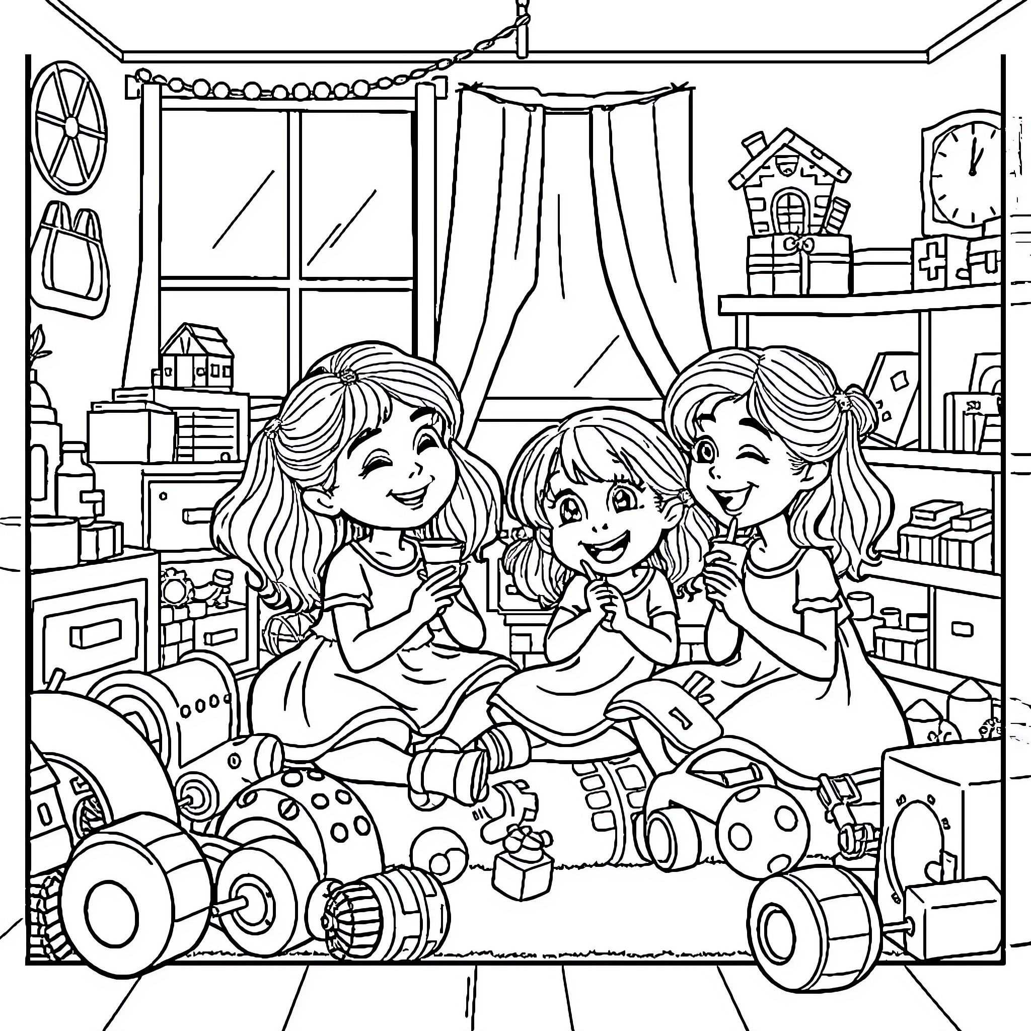 Barbie Dolls Playing Happily in Their Room Coloring Page (free black-and-white line drawing printable PDF for all, from beginners to advanced learners, including children, teens, adults, and seniors)