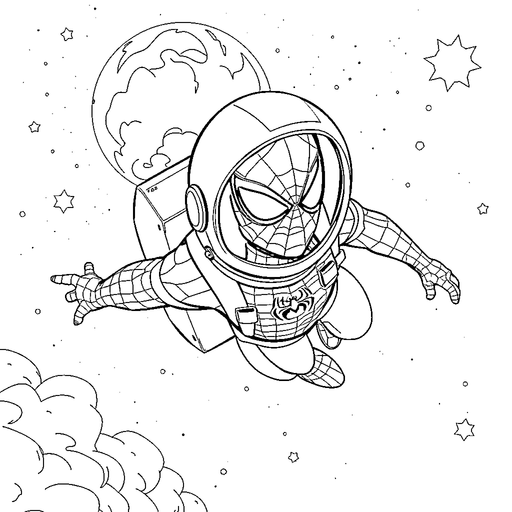 Spiderman astronaut exploring the galaxy Coloring Page (free black-and-white line drawing printable PDF for all, from beginners to advanced learners, including children, teens, adults, and seniors)