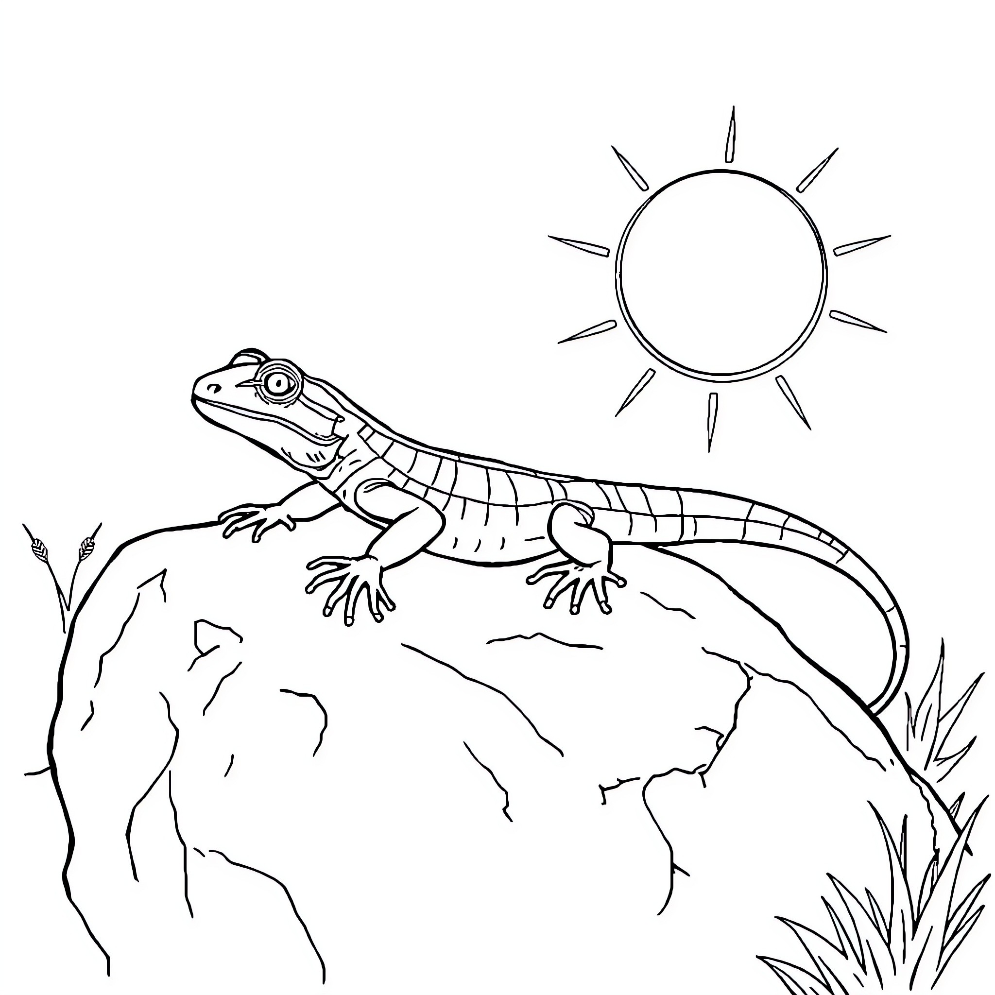 Lizard basking in the sun on rocky terrain Coloring Page (free black-and-white line drawing printable PDF for all, from beginners to advanced learners, including children, teens, adults, and seniors)