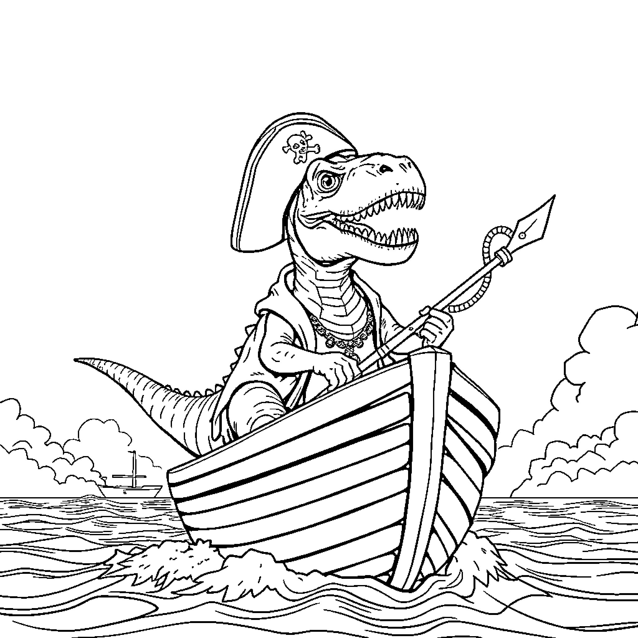 Dinosaur pirate sailing the high seas Coloring Page (free black-and-white line drawing printable PDF for all, from beginners to advanced learners, including children, teens, adults, and seniors)