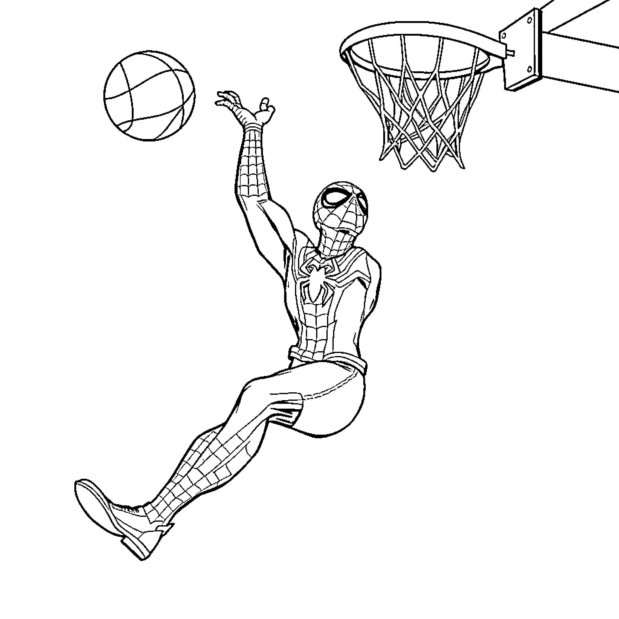 Spider-Man dunkeing basketball in the hoop Coloring Page (free black-and-white line drawing printable PDF for all, from beginners to advanced learners, including children, teens, adults, and seniors)
