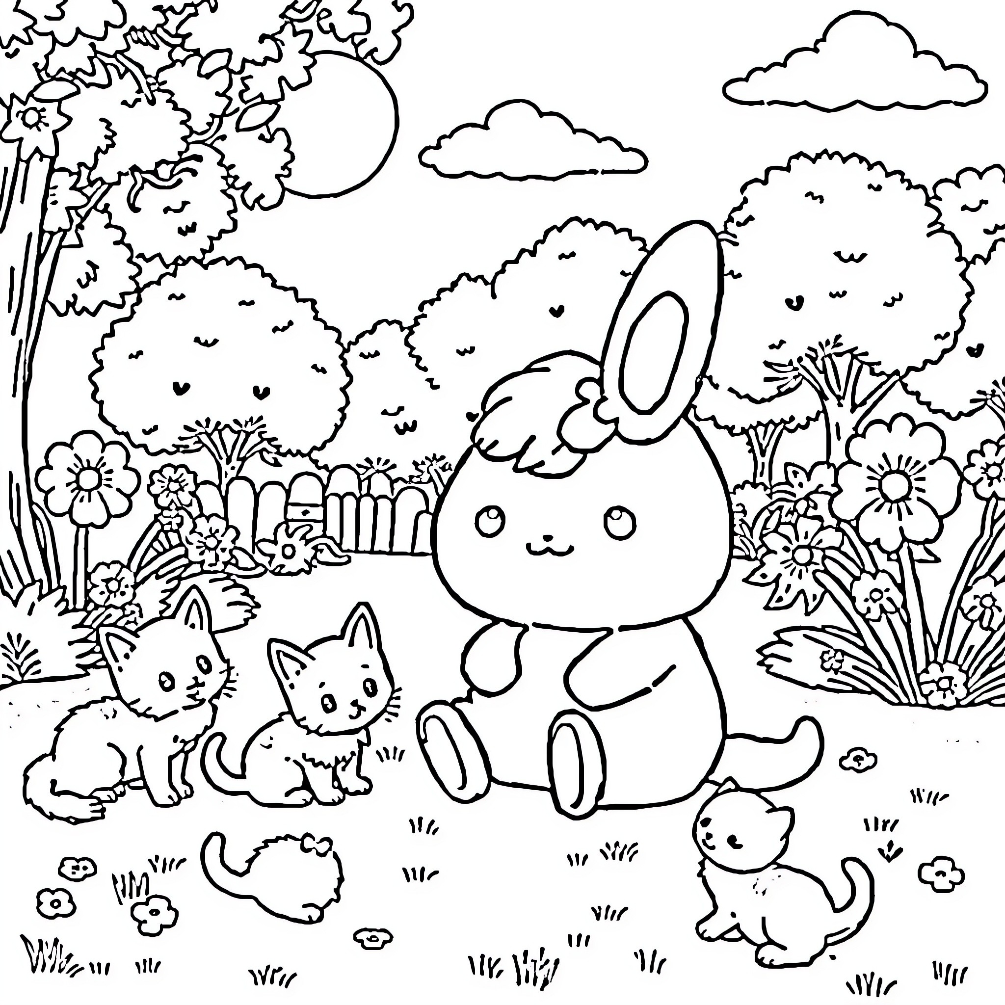Cinnamoroll enjoying nature with animal friends Coloring Page (free black-and-white line drawing printable PDF for all, from beginners to advanced learners, including children, teens, adults, and seniors)