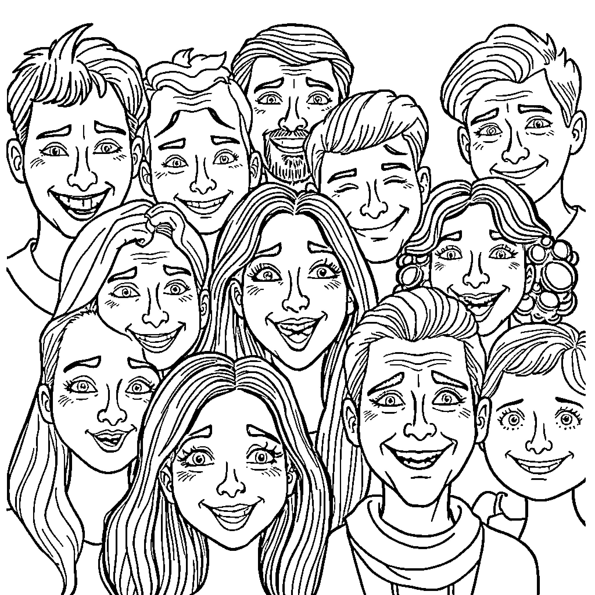 Emotion-filled Expressions of a Diverse Group Coloring Page (free black-and-white line drawing printable PDF for all, from beginners to advanced learners, including children, teens, adults, and seniors)