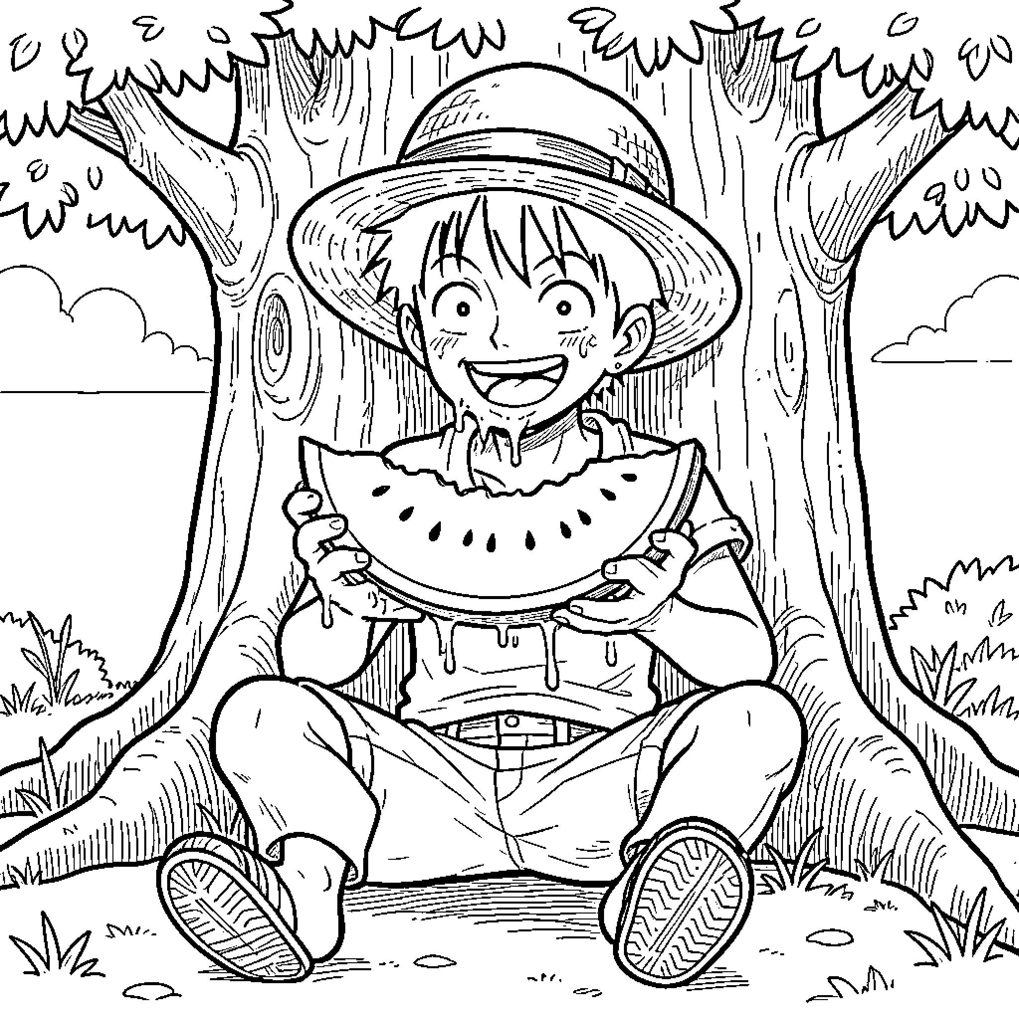 Luffy eating a slice of watermelon under a tree Coloring Page (free black-and-white line drawing printable PDF for all, from beginners to advanced learners, including children, teens, adults, and seniors)