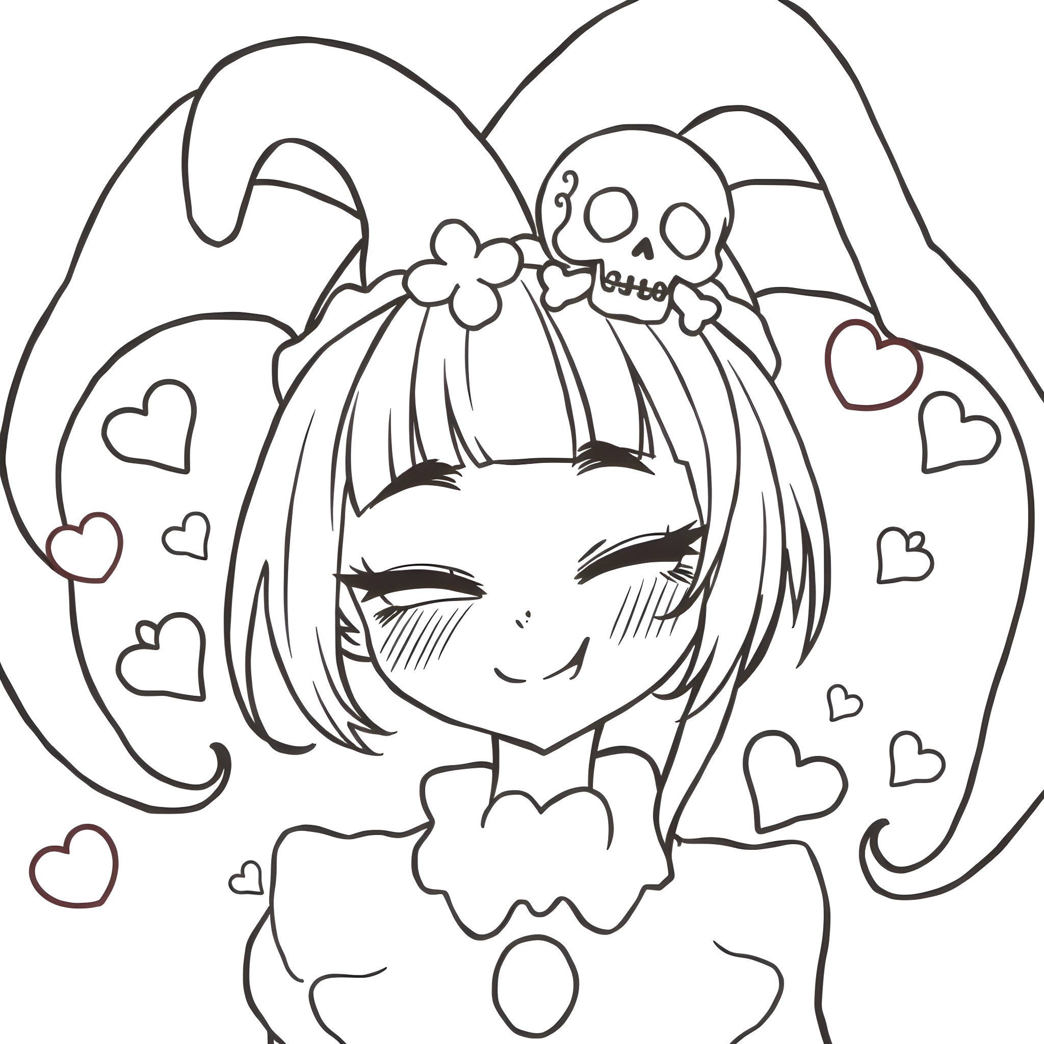 Kuromi in a whimsical and joyful scene Coloring Page (free black-and-white line drawing printable PDF for all, from beginners to advanced learners, including children, teens, adults, and seniors)