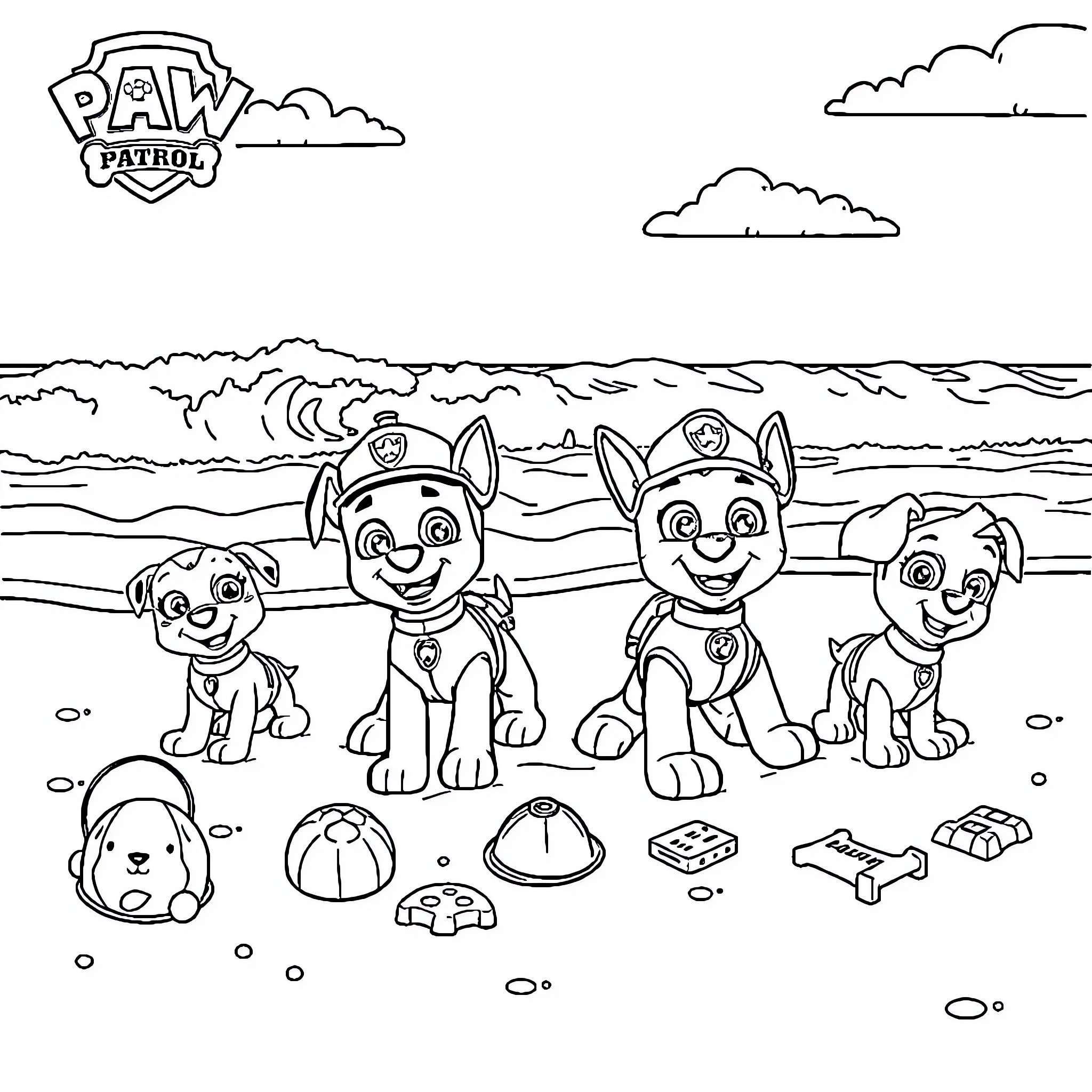 Paw Patrol puppies playing on the beach Coloring Page (free black-and-white line drawing printable PDF for all, from beginners to advanced learners, including children, teens, adults, and seniors)