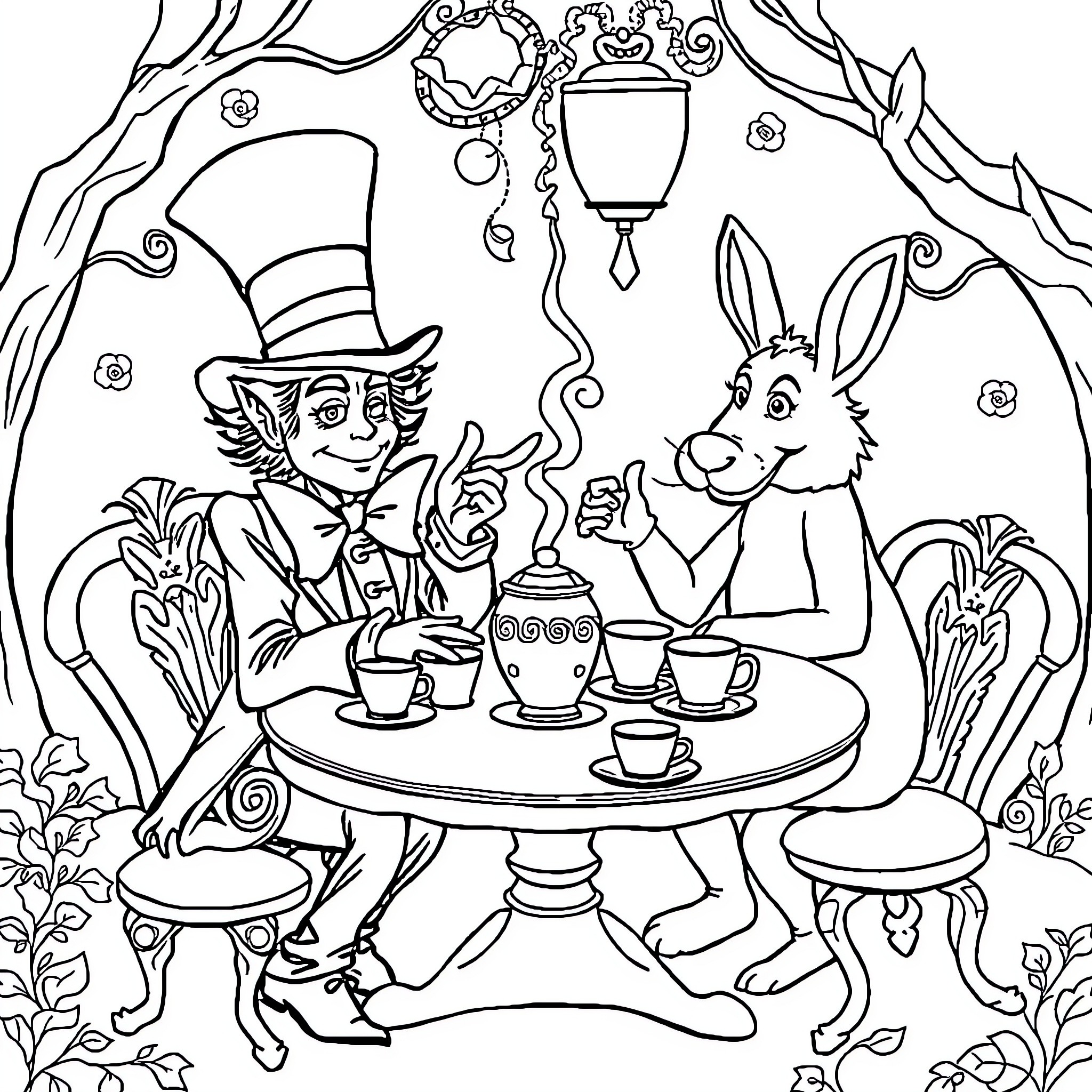 Mad Hatter's Whimsical Tea Party with Rabbit Coloring Page (free black-and-white line drawing printable PDF for all, from beginners to advanced learners, including children, teens, adults, and seniors)