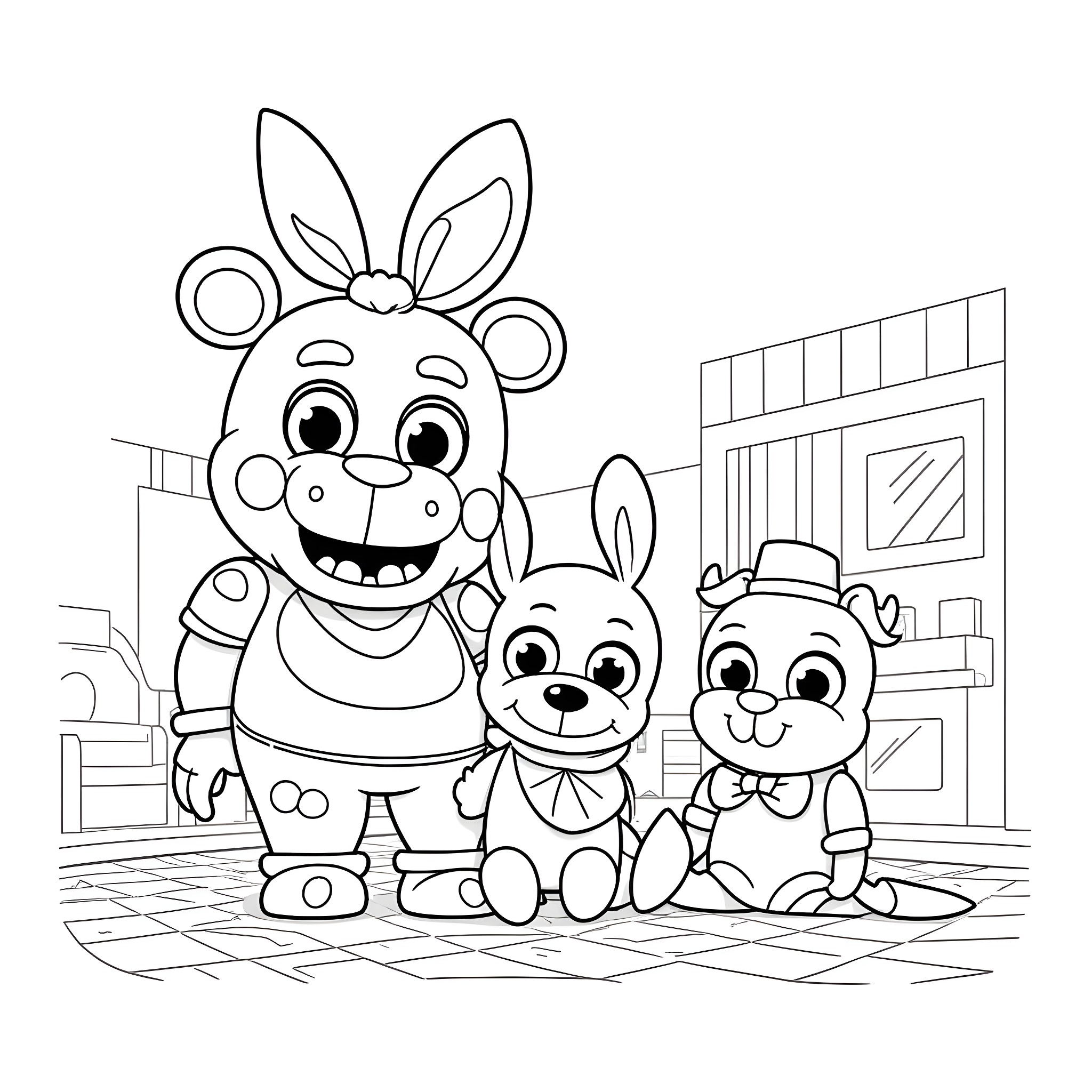 FNAF Characters in a Cheerful Gathering Coloring Page (free black-and-white line drawing printable PDF for all, from beginners to advanced learners, including children, teens, adults, and seniors)