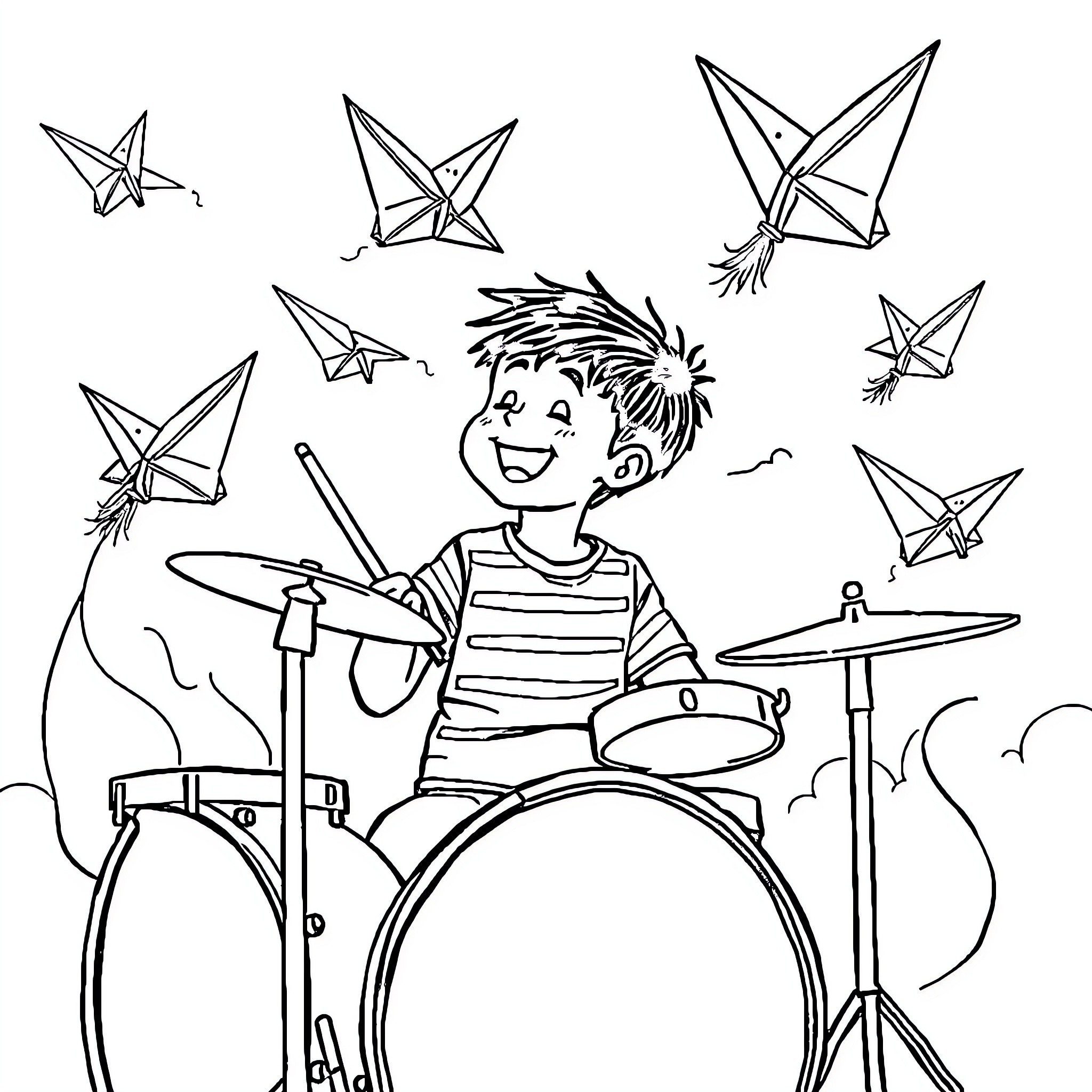 Paper Airplane Boy Playing Drums Amid Flurry Coloring Page (free black-and-white line drawing printable PDF for all, from beginners to advanced learners, including children, teens, adults, and seniors)