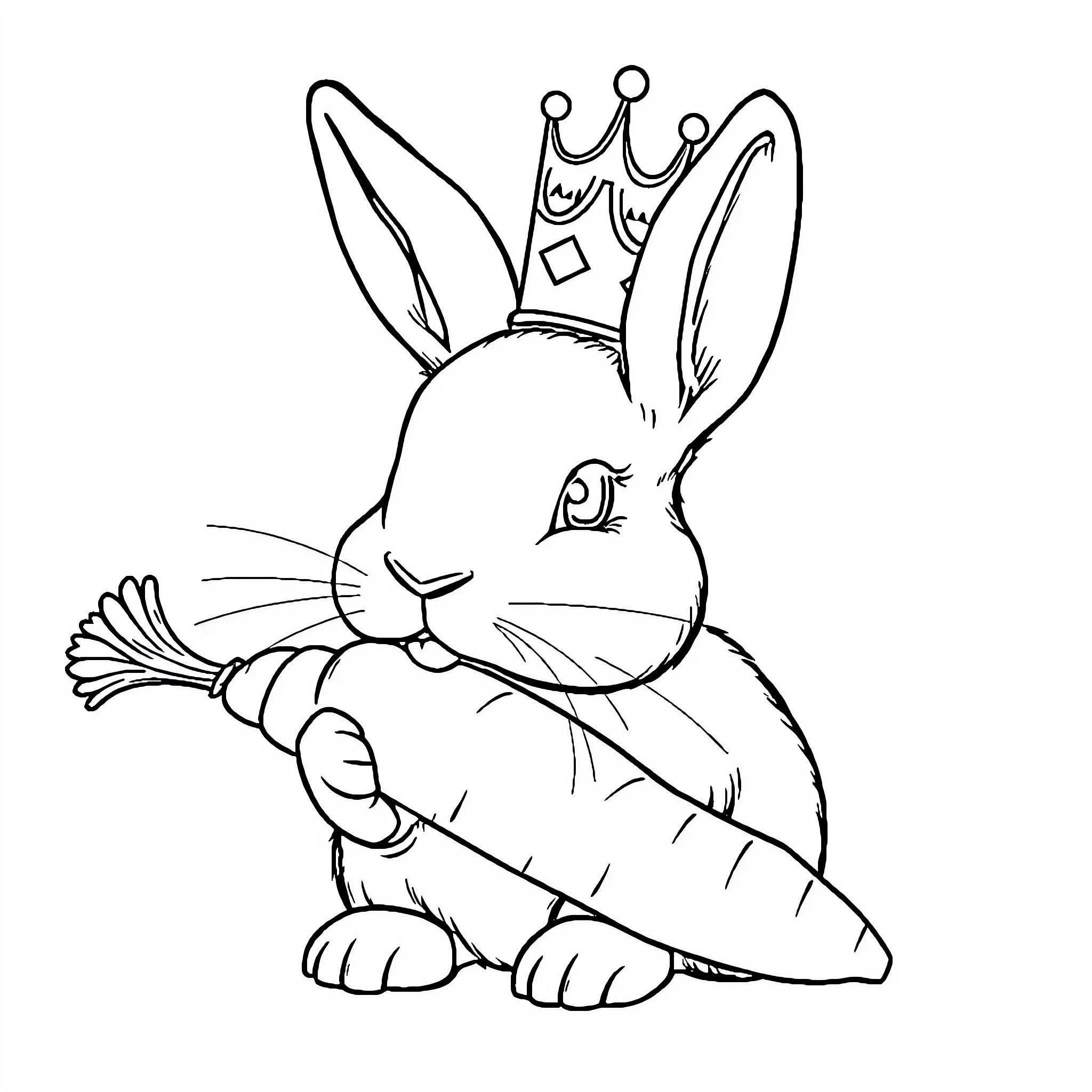 Rabbit wearing a crown and holding a carrot Coloring Page (free black-and-white line drawing printable PDF for all, from beginners to advanced learners, including children, teens, adults, and seniors)