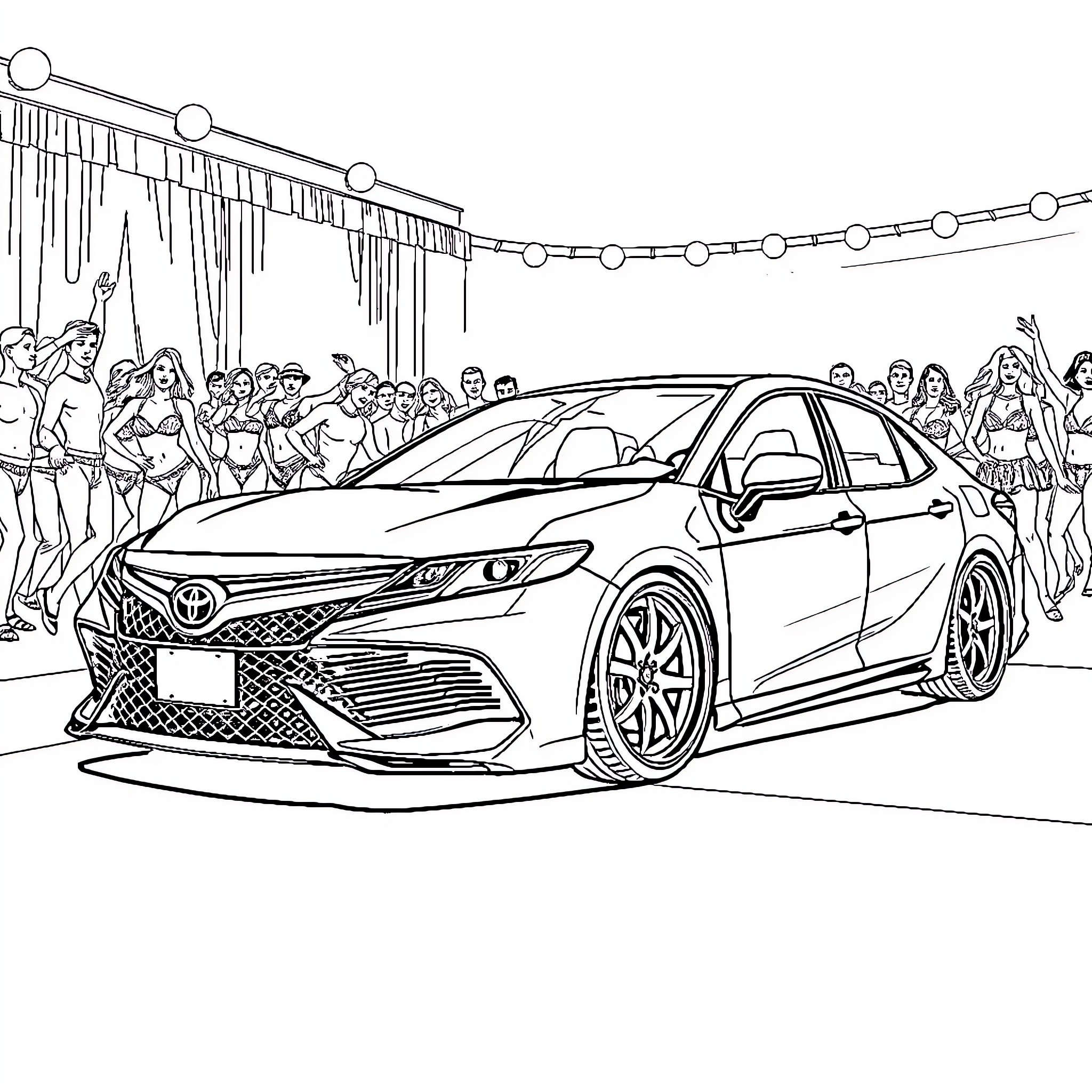 Camry in a lively street scene Coloring Page (free black-and-white line drawing printable PDF for all, from beginners to advanced learners, including children, teens, adults, and seniors)