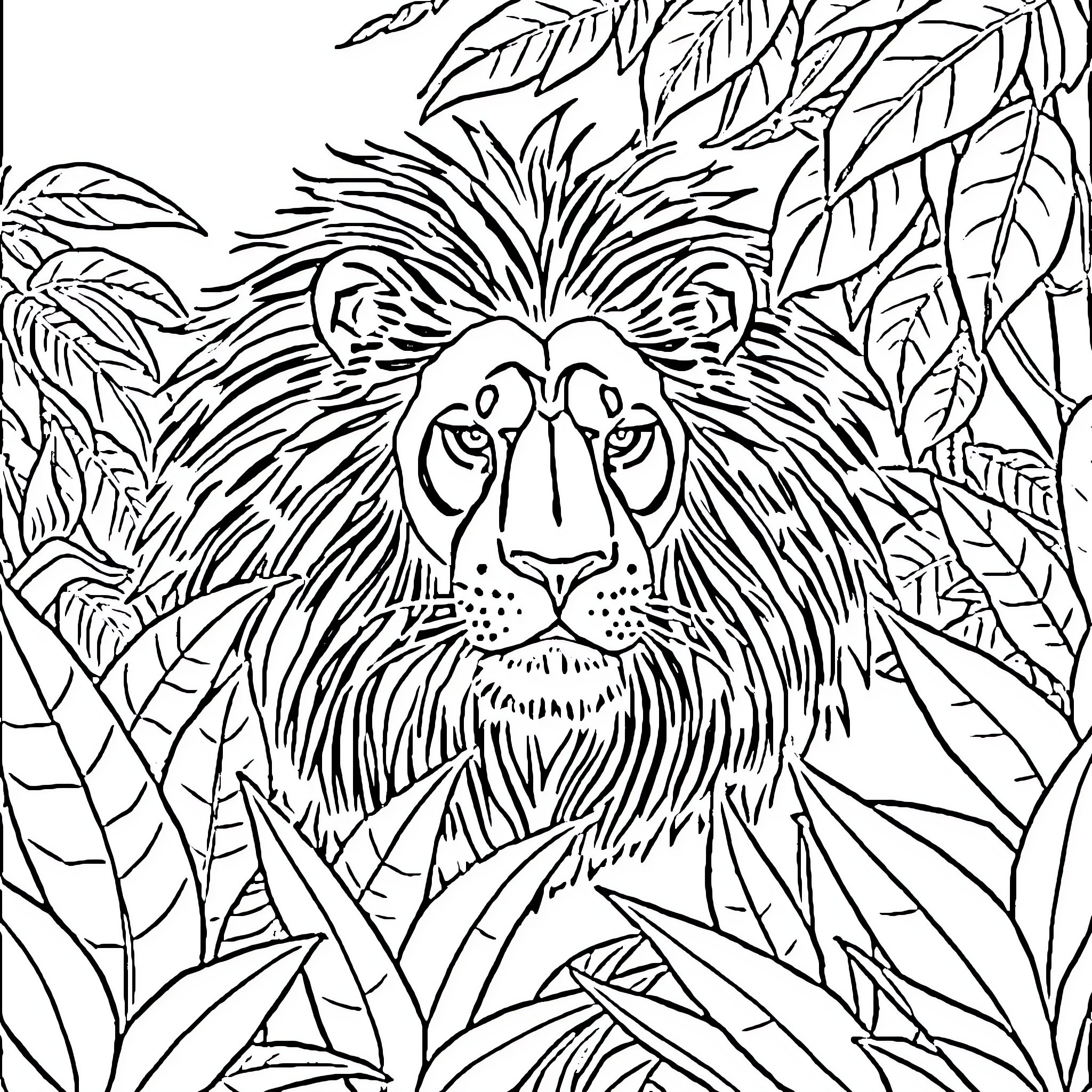 Lion surrounded by lush foliage Coloring Page (free black-and-white line drawing printable PDF for all, from beginners to advanced learners, including children, teens, adults, and seniors)