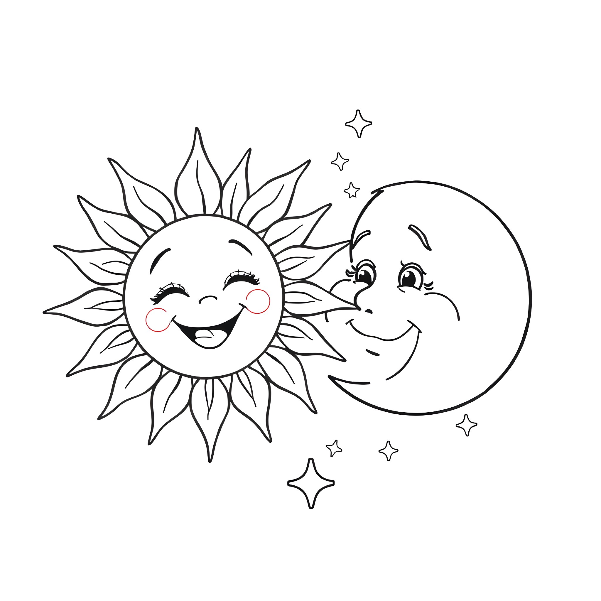 Sun and Moon happily playing together in the starry sky Coloring Page (free black-and-white line drawing printable PDF for all, from beginners to advanced learners, including children, teens, adults, and seniors)