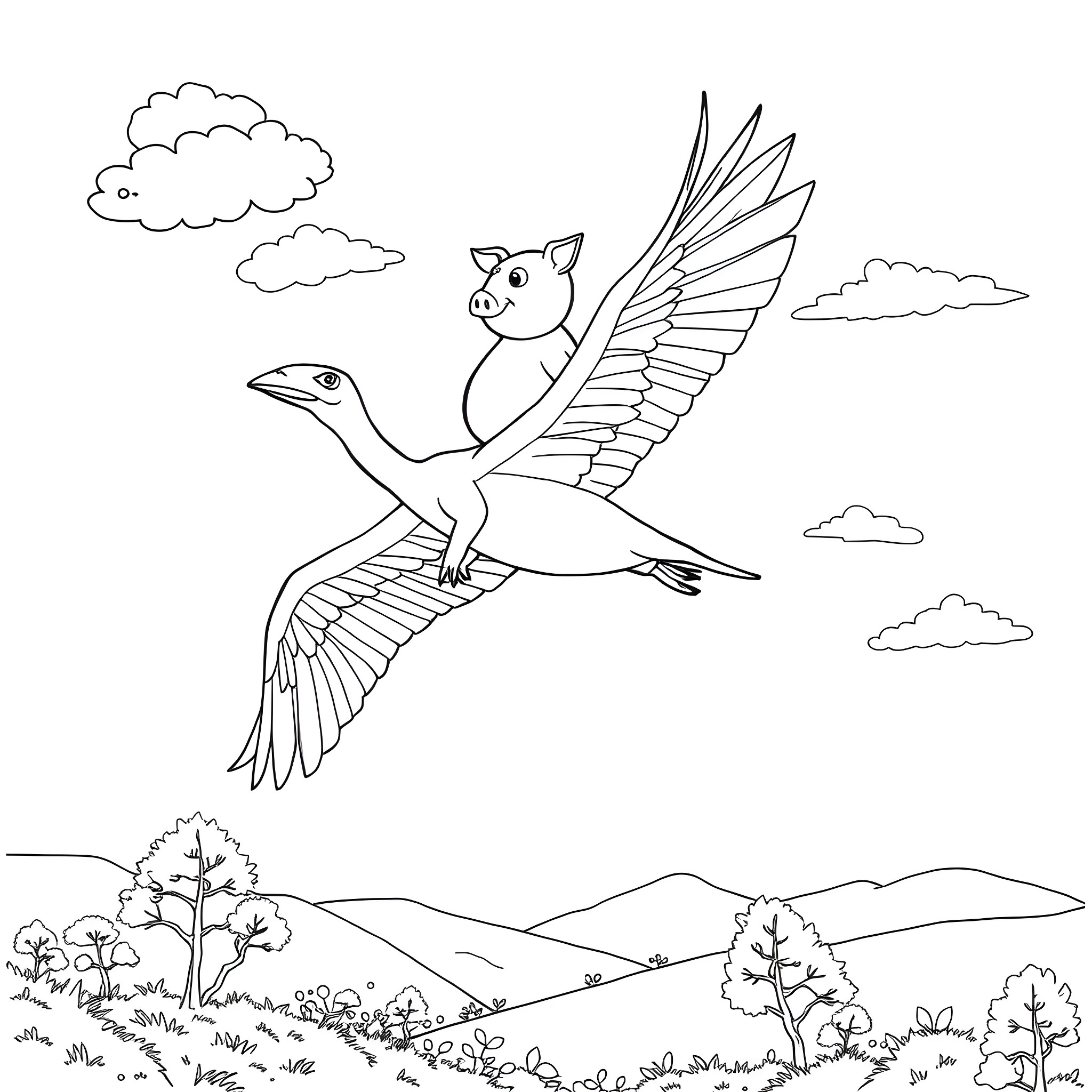 Pig flying on a winged creature over a countryside landscape Coloring Page (free black-and-white line drawing printable PDF for all, from beginners to advanced learners, including children, teens, adults, and seniors)