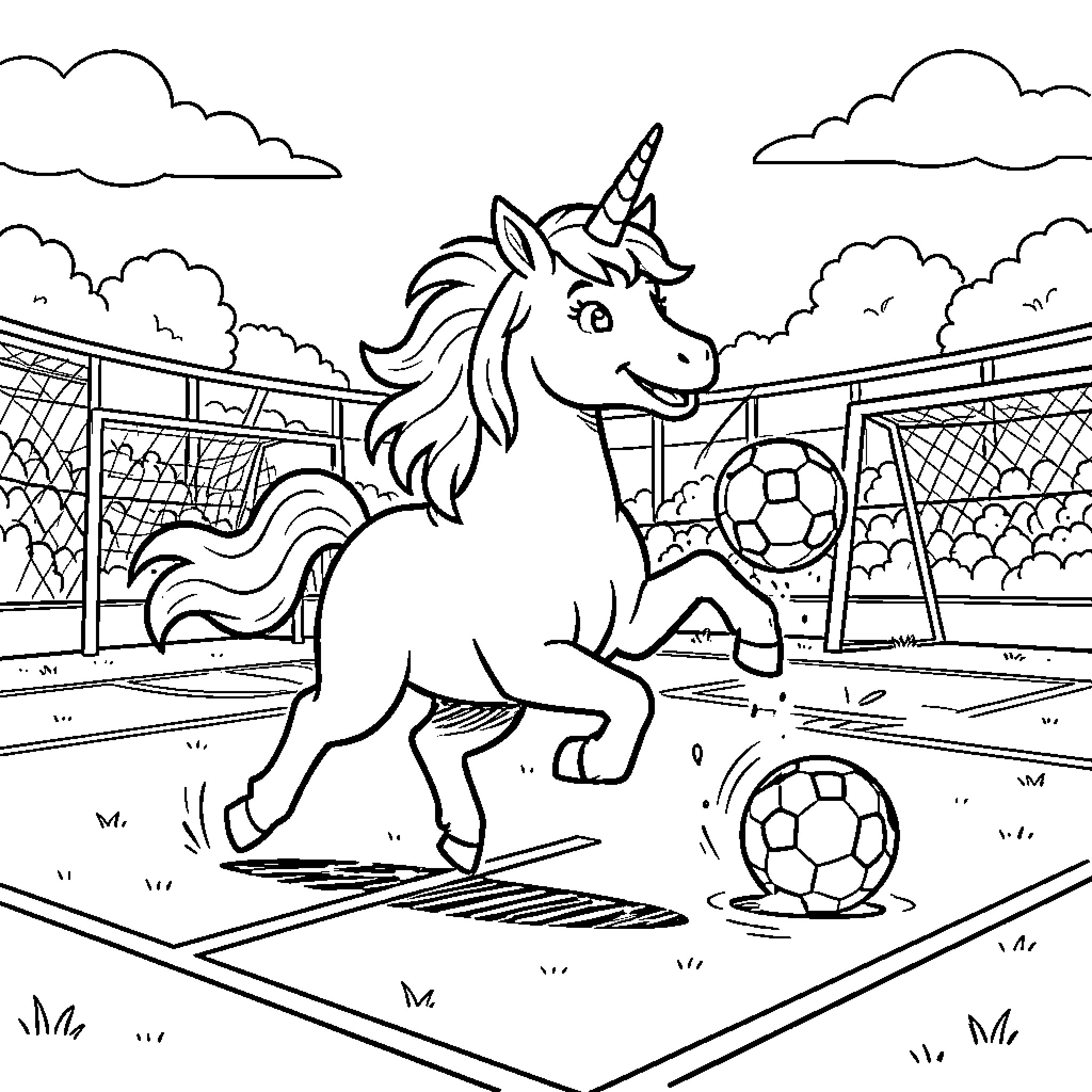 Unicorn playing soccer on a field with balls Coloring Page (free black-and-white line drawing printable PDF for all, from beginners to advanced learners, including children, teens, adults, and seniors)