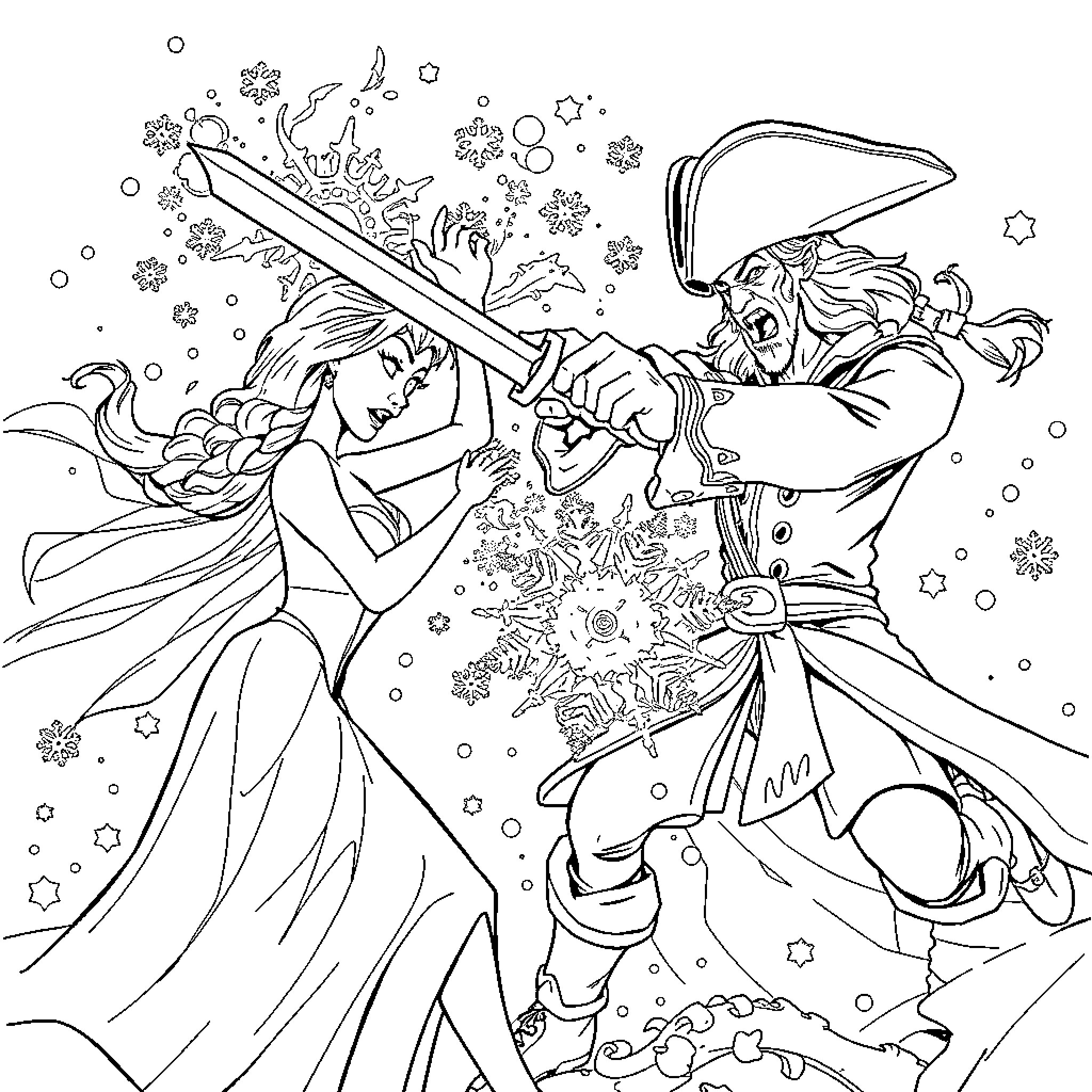 Captain Hook battles with a feisty heroine in a magical scene Coloring Page (free black-and-white line drawing printable PDF for all, from beginners to advanced learners, including children, teens, adults, and seniors)