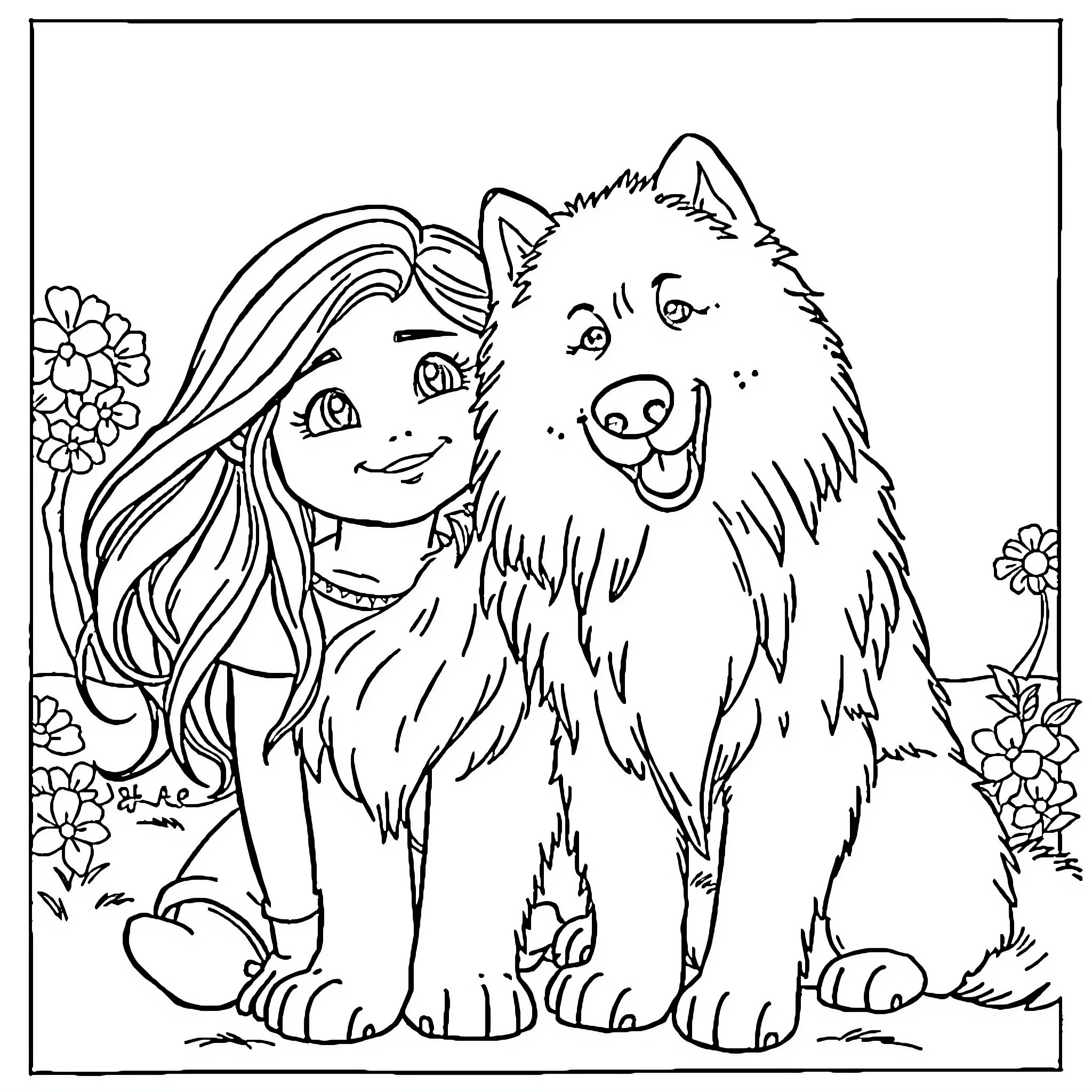 Dog and girl having fun in the garden Coloring Page (free black-and-white line drawing printable PDF for all, from beginners to advanced learners, including children, teens, adults, and seniors)