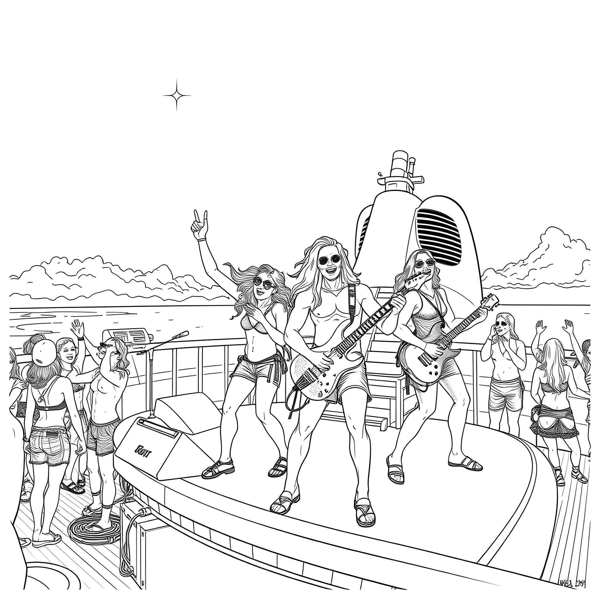Band performing lively rock concert on stage Coloring Page (free black-and-white line drawing printable PDF for all, from beginners to advanced learners, including children, teens, adults, and seniors)