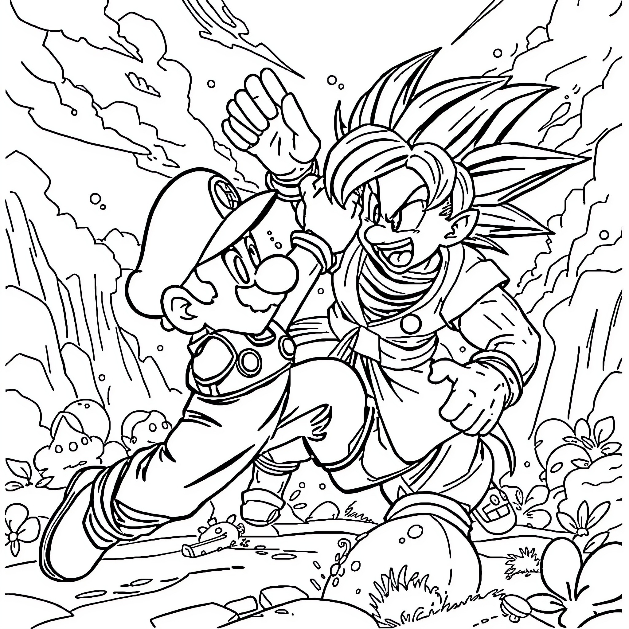 Mario Engaging in Intense Dragon Ball-Style Combat Coloring Page (free black-and-white line drawing printable PDF for all, from beginners to advanced learners, including children, teens, adults, and seniors)