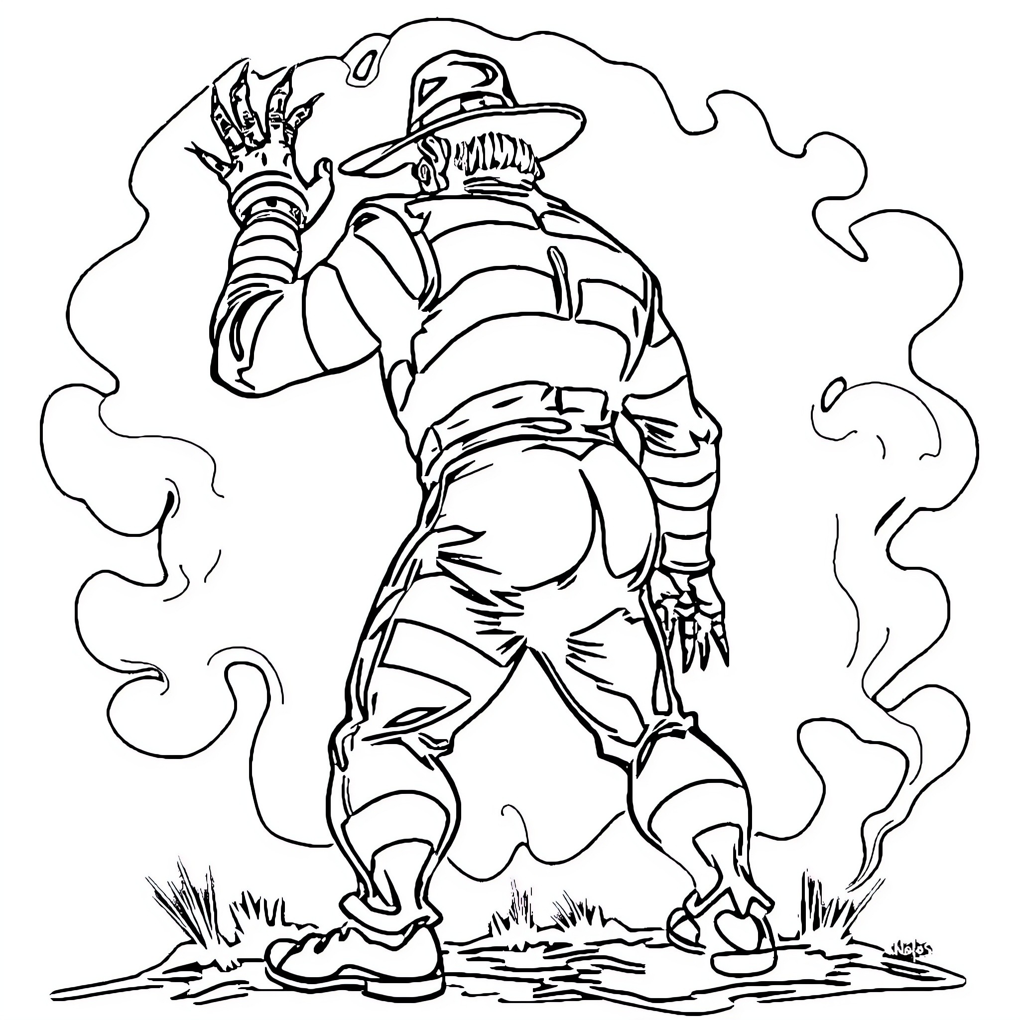 Freddy Kruger's Menacing Presence Looms Coloring Page (free black-and-white line drawing printable PDF for all, from beginners to advanced learners, including children, teens, adults, and seniors)