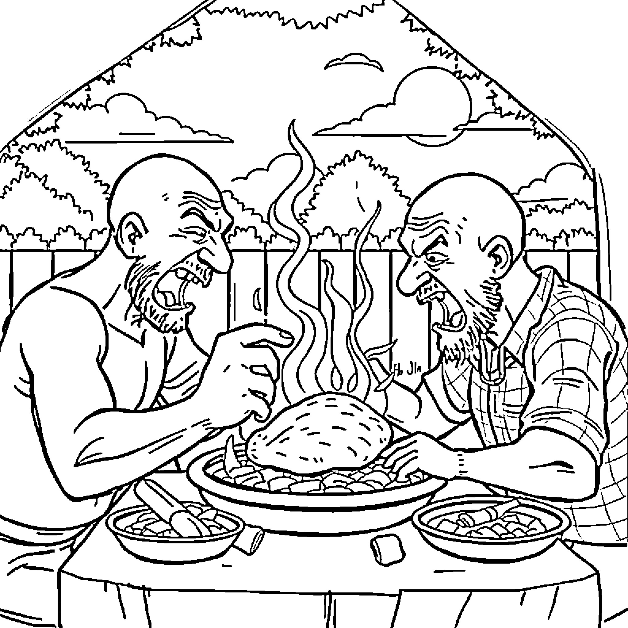 Man enjoying outdoor feast with friend Coloring Page (free black-and-white line drawing printable PDF for all, from beginners to advanced learners, including children, teens, adults, and seniors)
