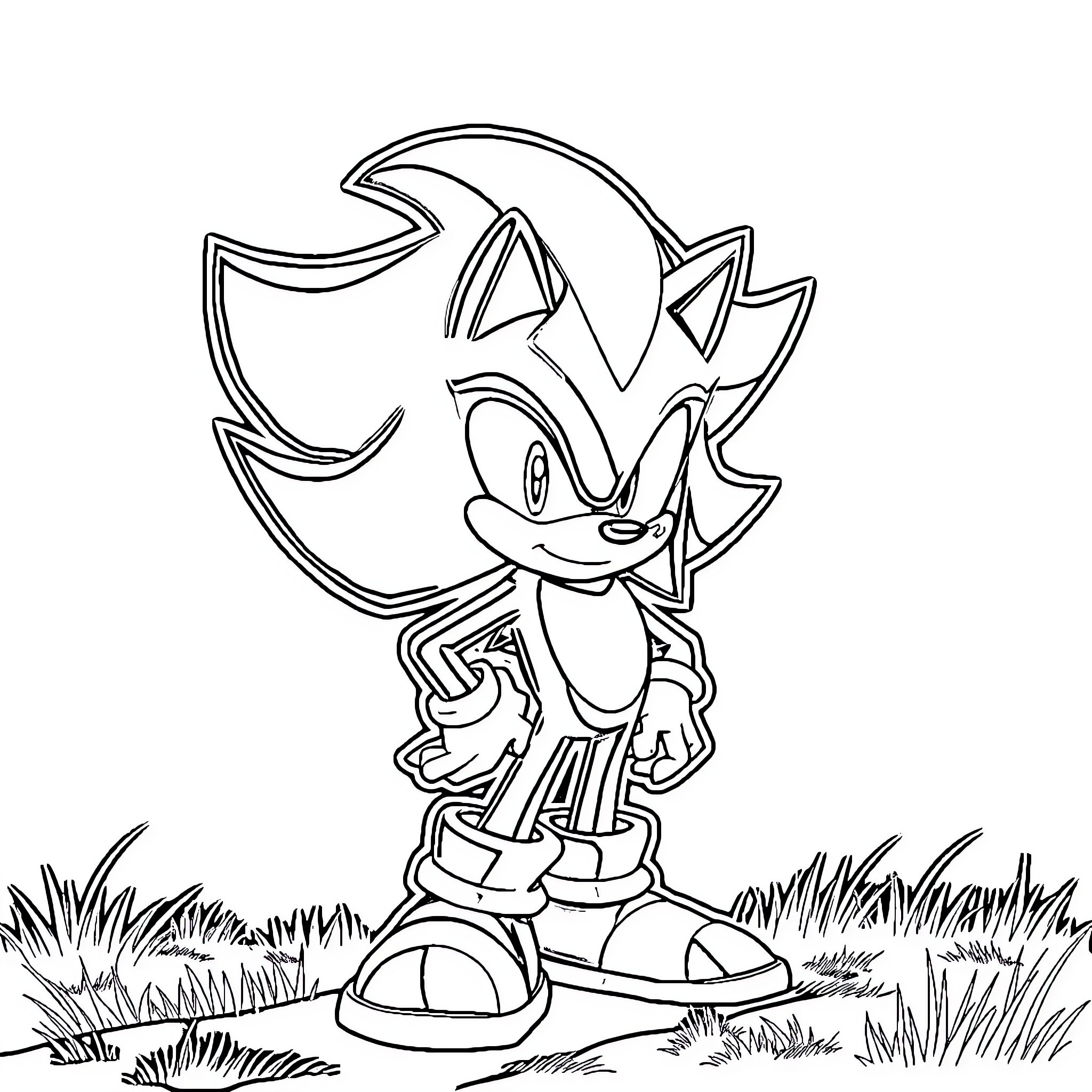 Shadow Sonic the Hedgehog standing in the grass Coloring Page (free black-and-white line drawing printable PDF for all, from beginners to advanced learners, including children, teens, adults, and seniors)