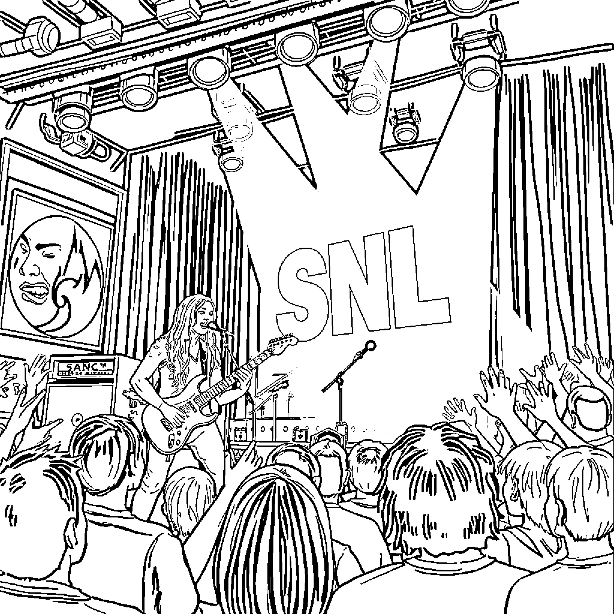 Alice In Chains performing on Saturday Night Live Coloring Page (free black-and-white line drawing printable PDF for all, from beginners to advanced learners, including children, teens, adults, and seniors)