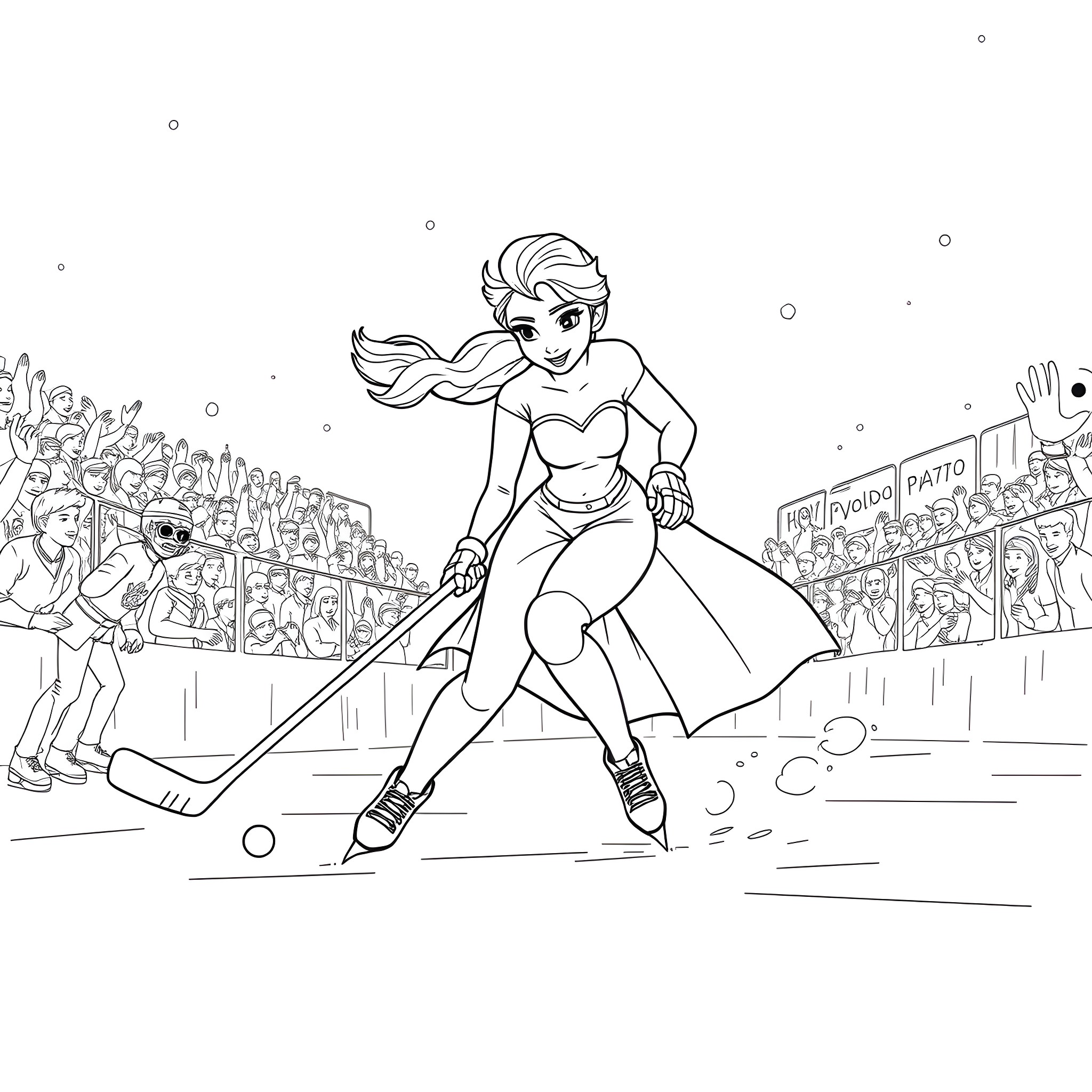 Elsa skating gracefully on the ice rink Coloring Page (free black-and-white line drawing printable PDF for all, from beginners to advanced learners, including children, teens, adults, and seniors)