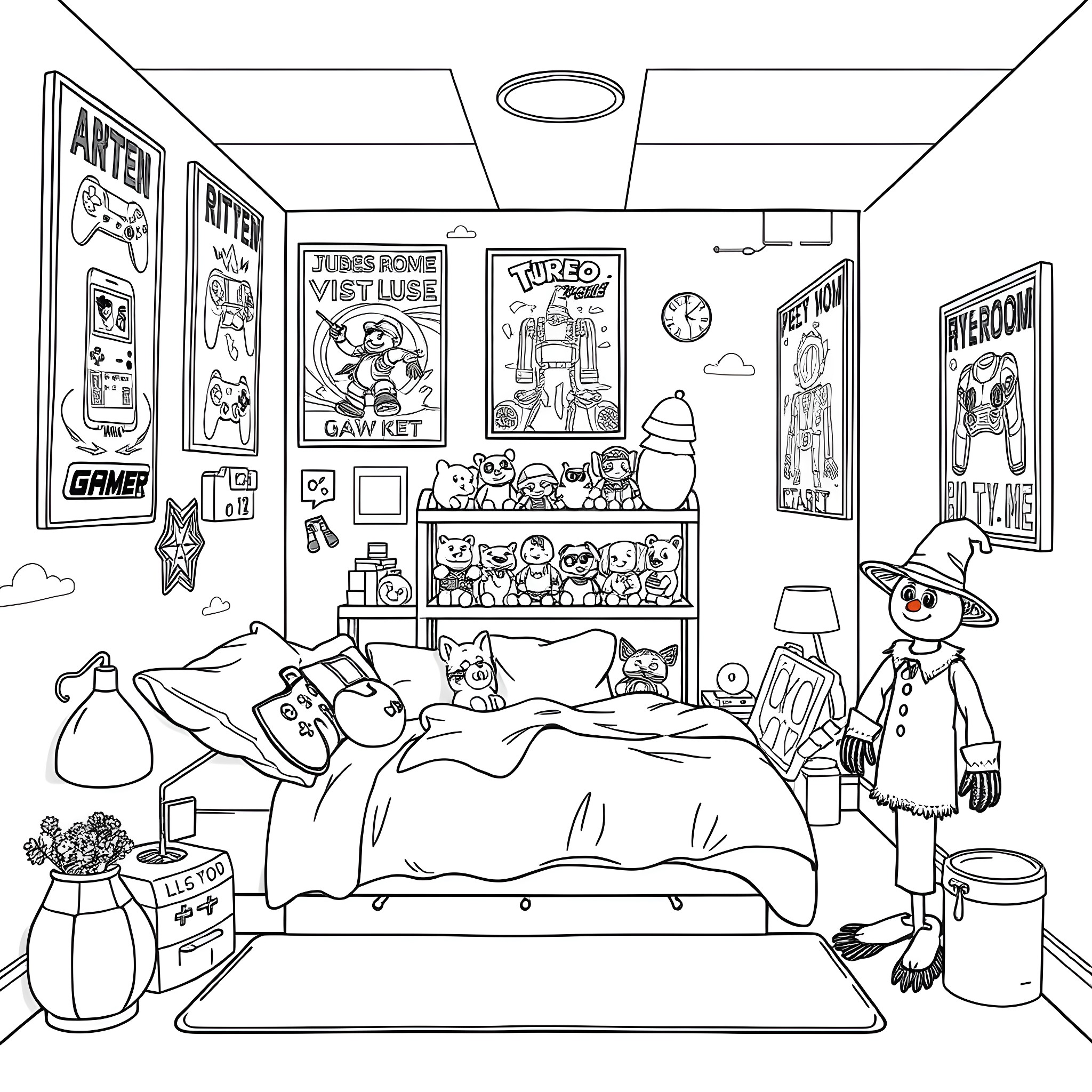 Scarecrow relaxing in a messy bedroom with gaming posters Coloring Page (free black-and-white line drawing printable PDF for all, from beginners to advanced learners, including children, teens, adults, and seniors)