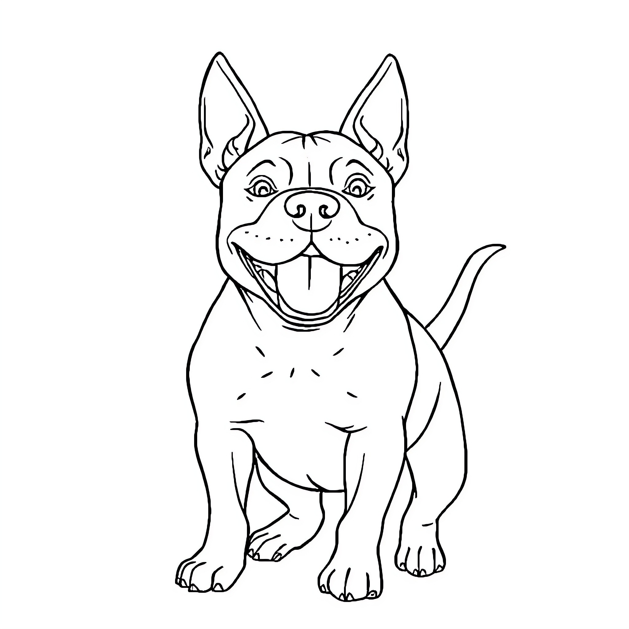 Pitbull happily smiling and wagging tail Coloring Page (free black-and-white line drawing printable PDF for all, from beginners to advanced learners, including children, teens, adults, and seniors)