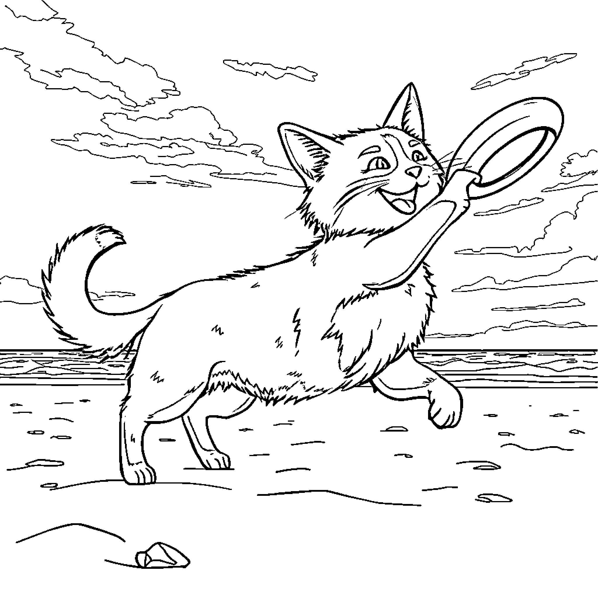 Cat chasing playfully on the beach Coloring Page (free black-and-white line drawing printable PDF for all, from beginners to advanced learners, including children, teens, adults, and seniors)