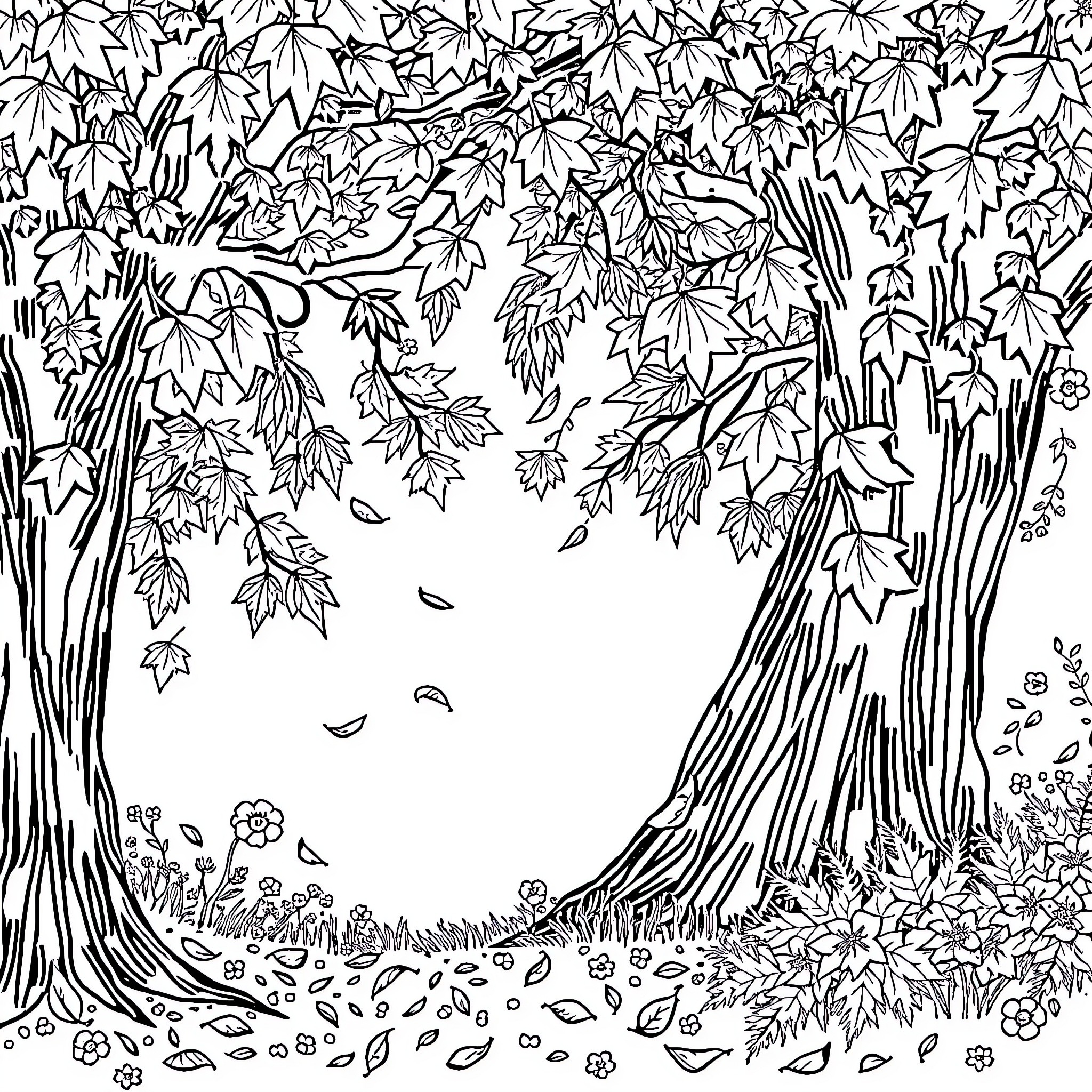 Leaf-filled Forest Scene with Fallen Foliage Coloring Page (free black-and-white line drawing printable PDF for all, from beginners to advanced learners, including children, teens, adults, and seniors)
