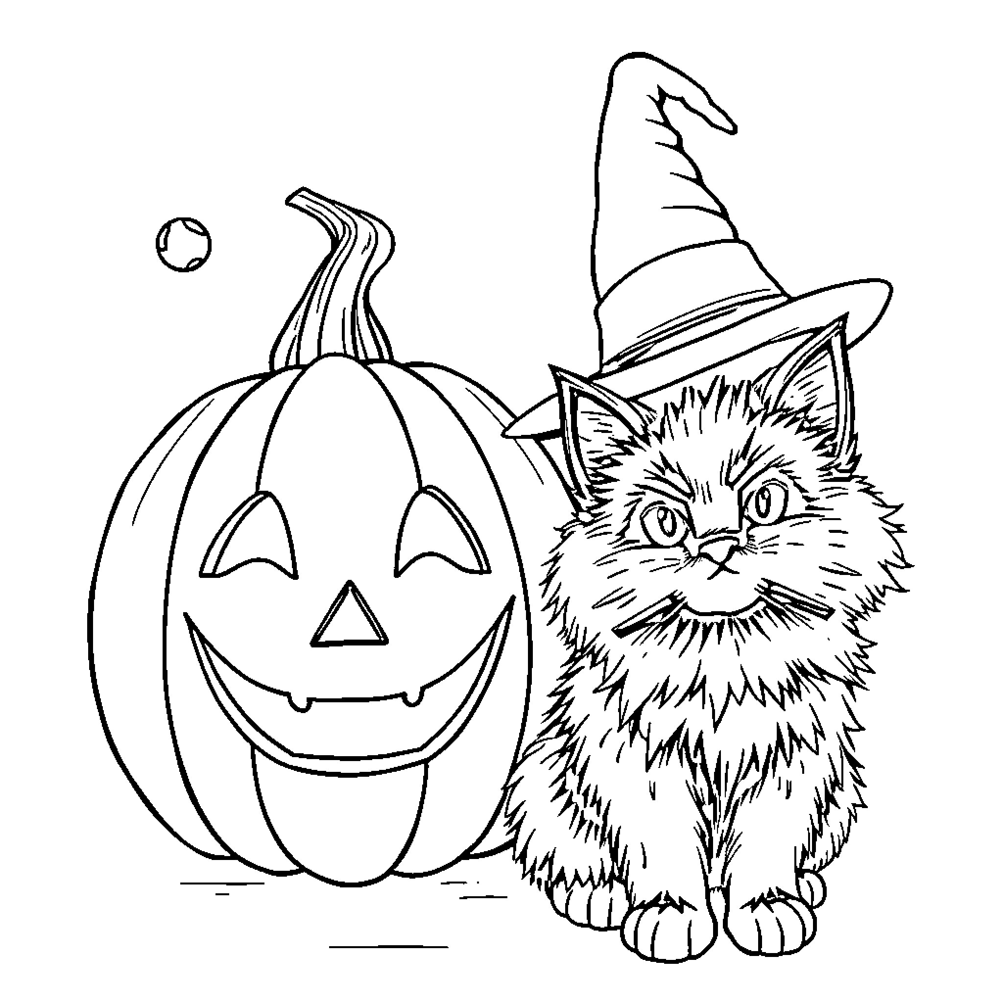 Jackolantern and Witch Cat with Accessories Coloring Page (free black-and-white line drawing printable PDF for all, from beginners to advanced learners, including children, teens, adults, and seniors)