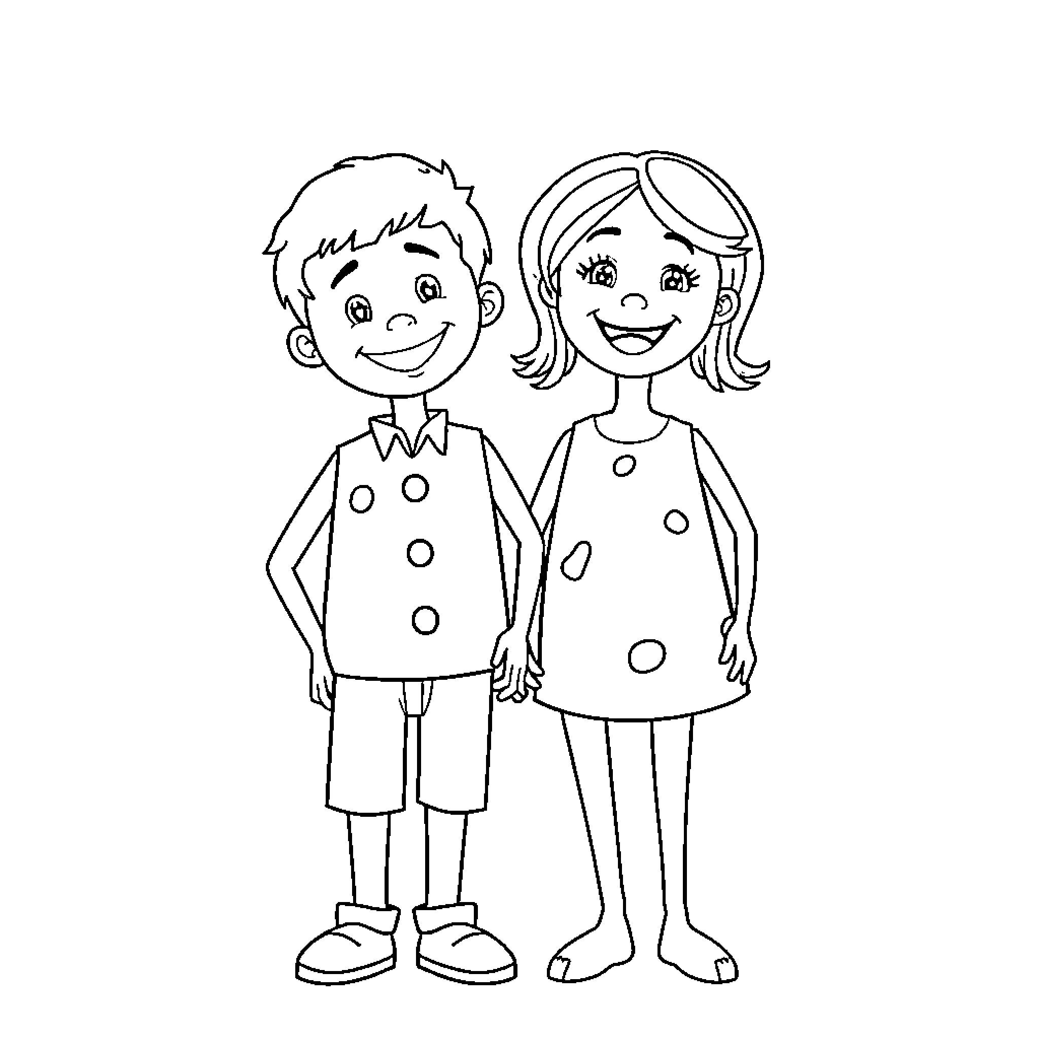 Boy and Girl in Polka Dot Outfits Coloring Page (free black-and-white line drawing printable PDF for all, from beginners to advanced learners, including children, teens, adults, and seniors)