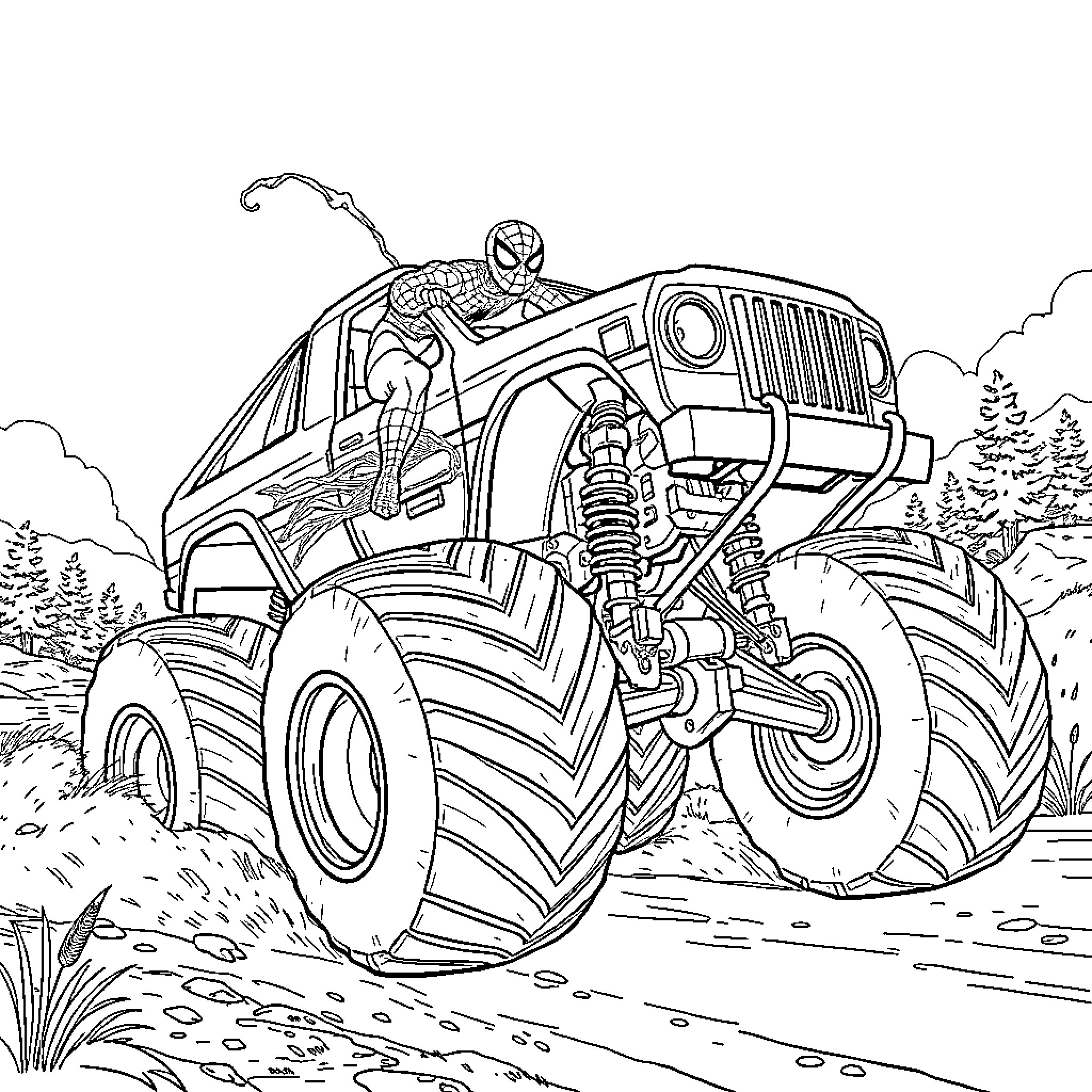 Spiderman soaring on a massive monster truck in the wilderness Coloring Page (free black-and-white line drawing printable PDF for all, from beginners to advanced learners, including children, teens, adults, and seniors)