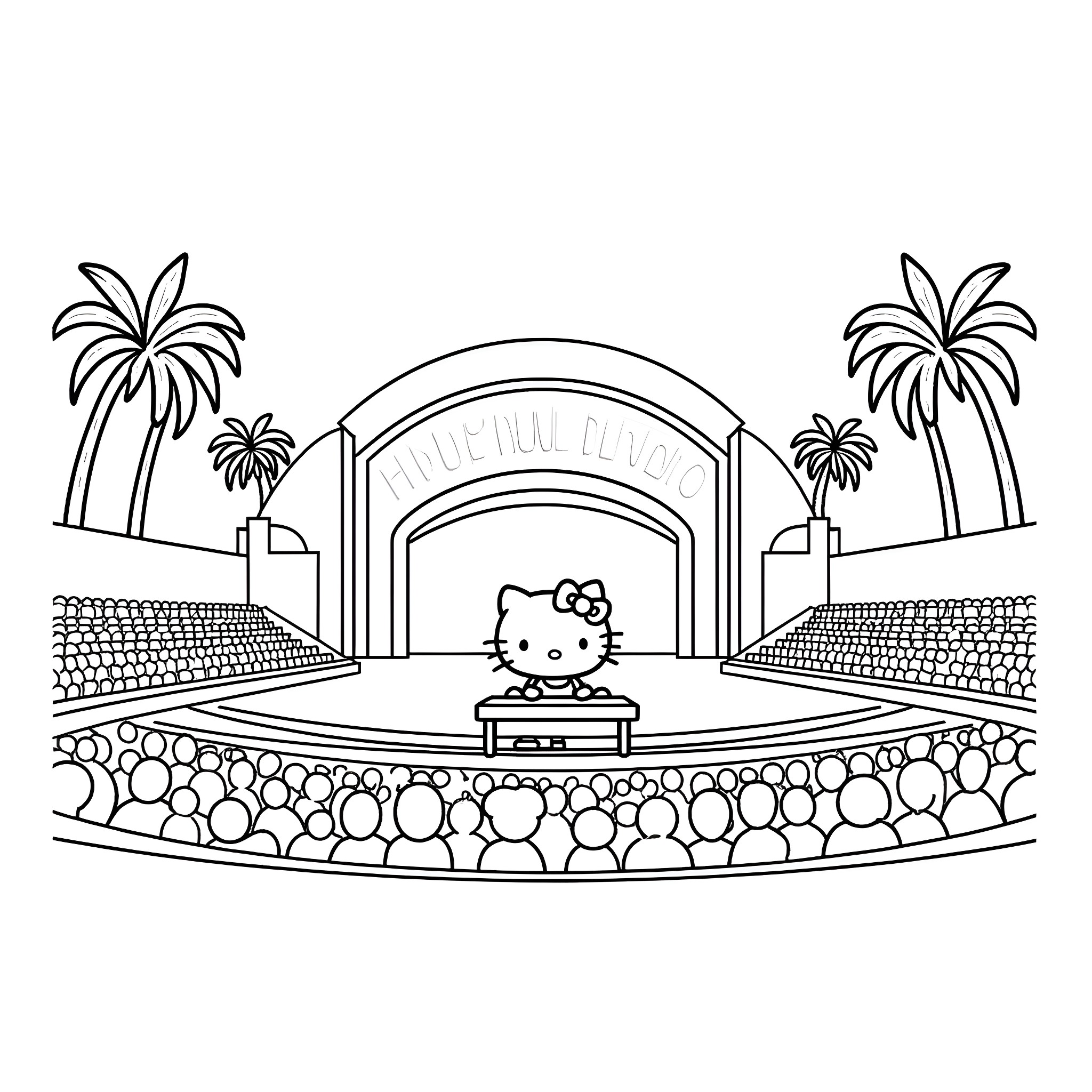 Hello Kitty at the Tropical Park Performance Stage Coloring Page (free black-and-white line drawing printable PDF for all, from beginners to advanced learners, including children, teens, adults, and seniors)