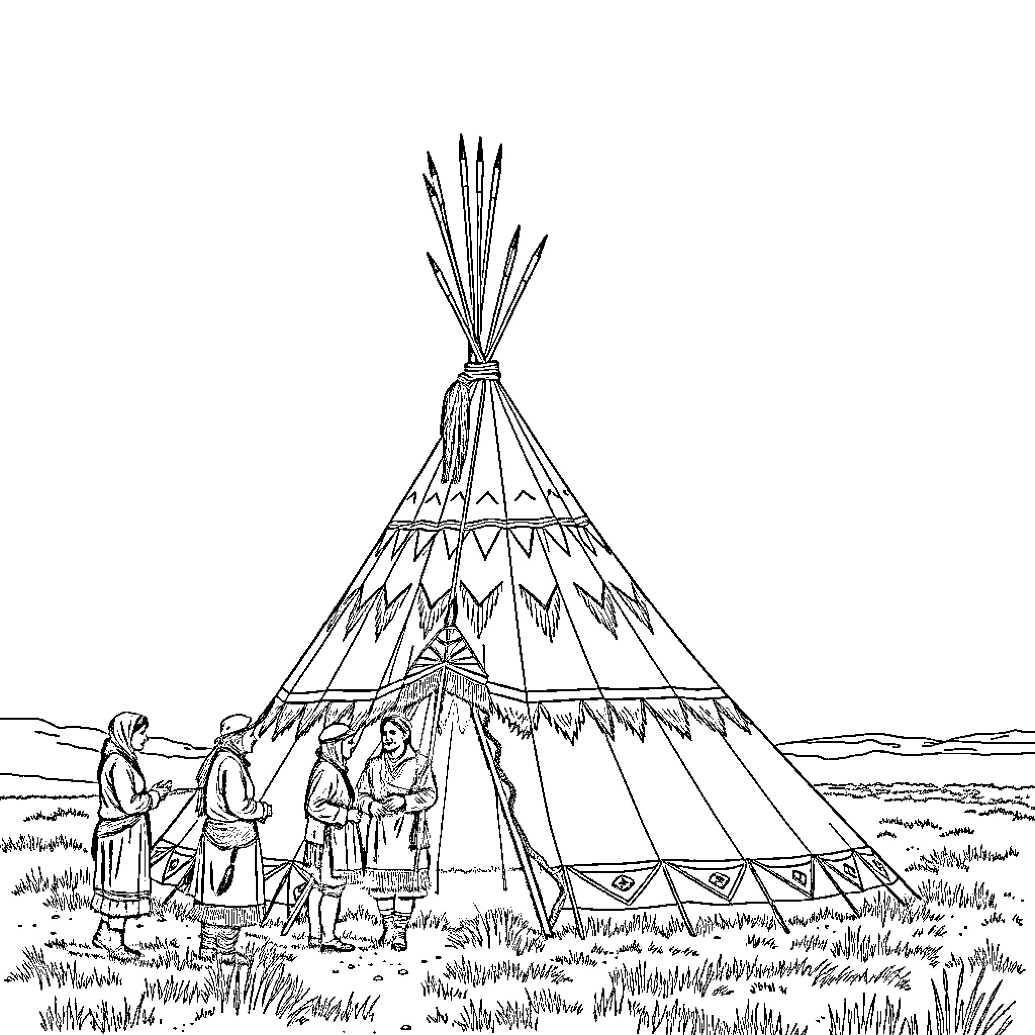 Lakota Tribe Gathering around Traditional Teepee Coloring Page (free black-and-white line drawing printable PDF for all, from beginners to advanced learners, including children, teens, adults, and seniors)