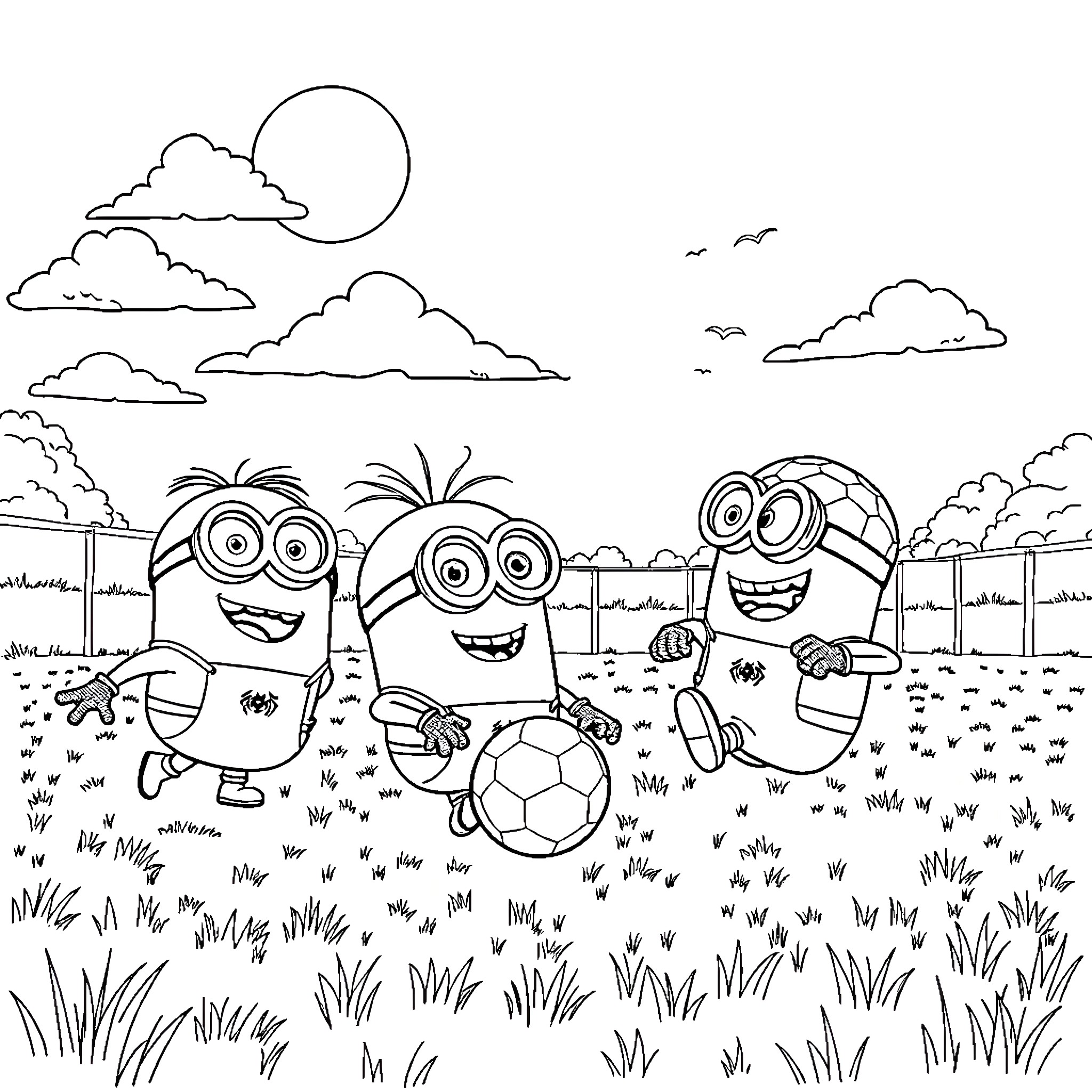 Minions playing happily with a soccer ball in the park Coloring Page (free black-and-white line drawing printable PDF for all, from beginners to advanced learners, including children, teens, adults, and seniors)