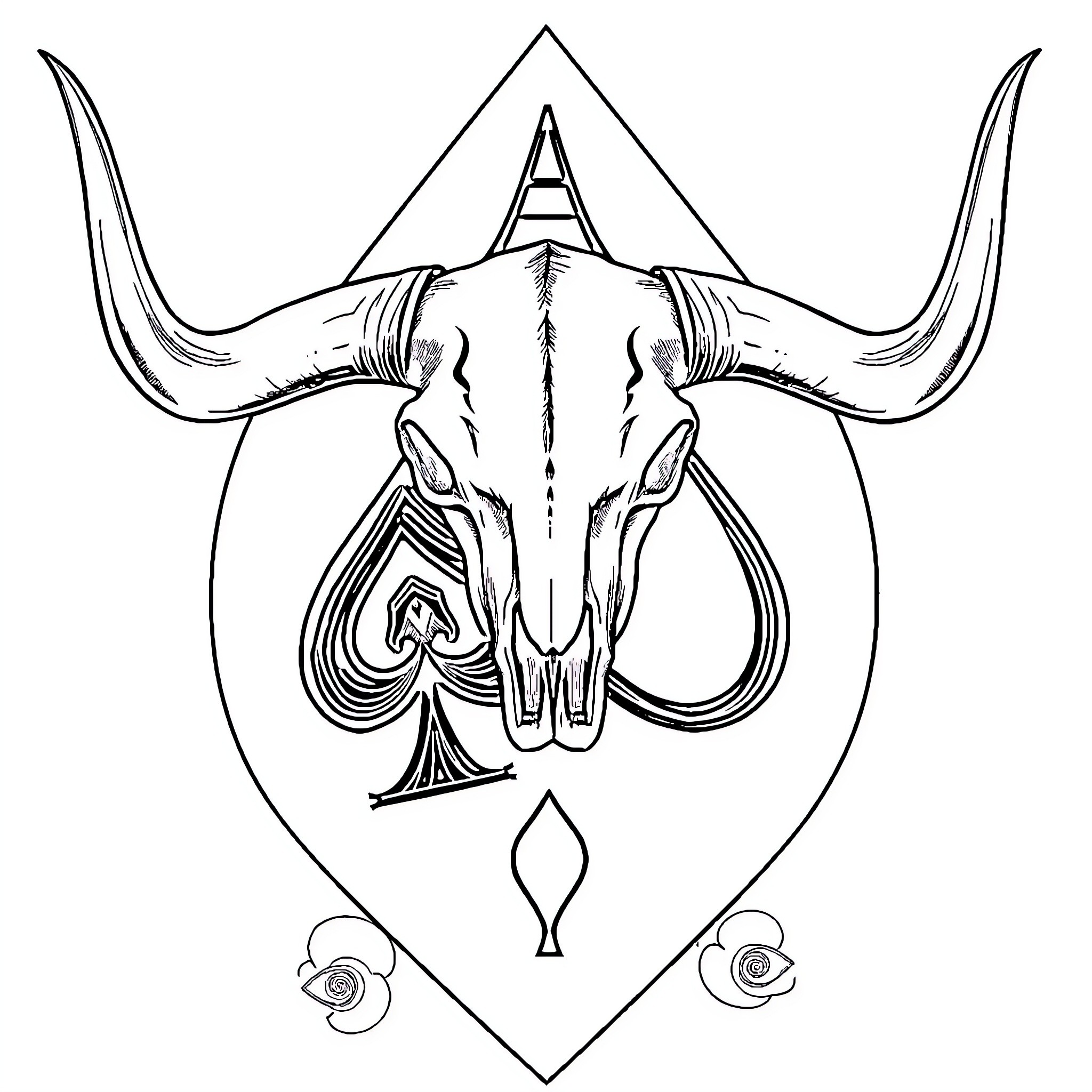 Skull of majestic horned creature in symbolic design Coloring Page (free black-and-white line drawing printable PDF for all, from beginners to advanced learners, including children, teens, adults, and seniors)