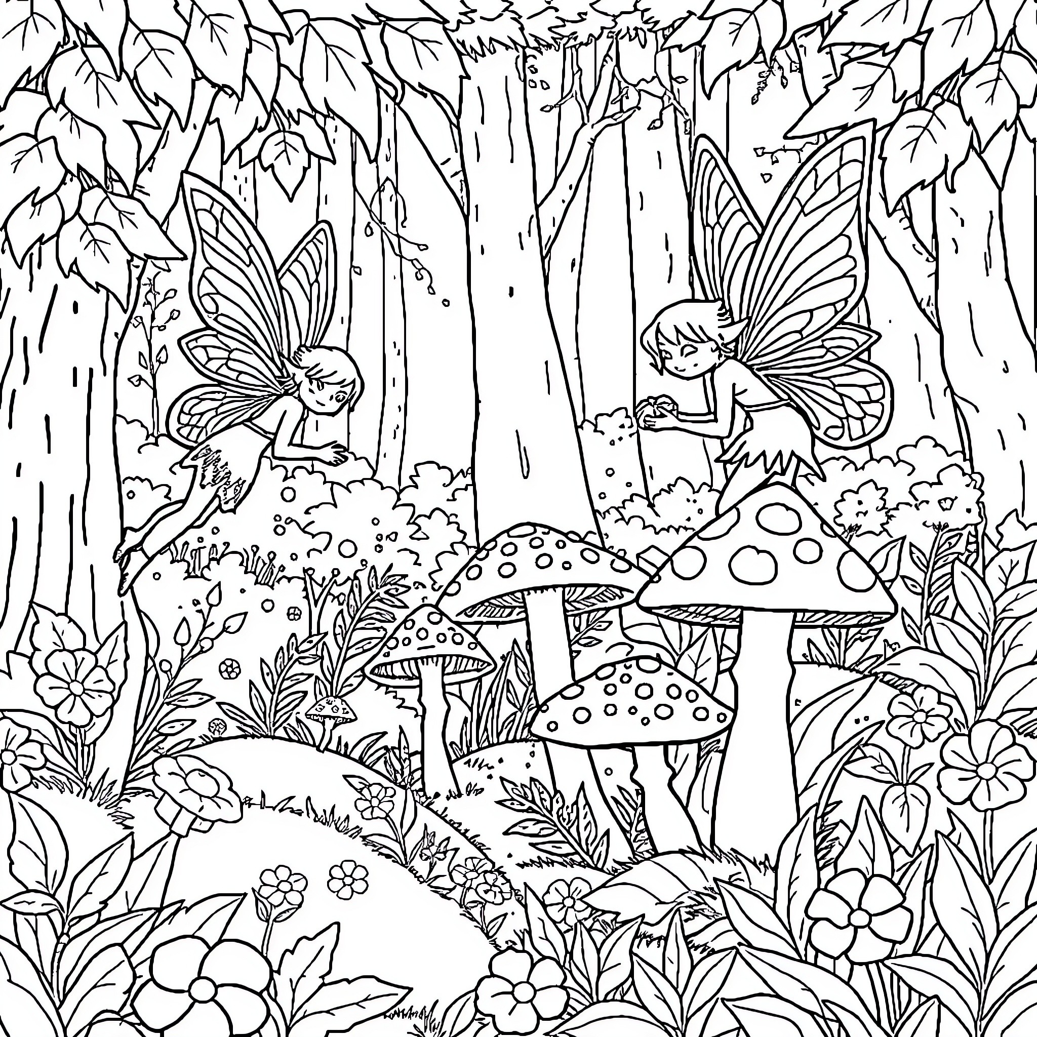 Fairy Fantasy Forest with Mushrooms and Butterflies Coloring Page (free black-and-white line drawing printable PDF for all, from beginners to advanced learners, including children, teens, adults, and seniors)