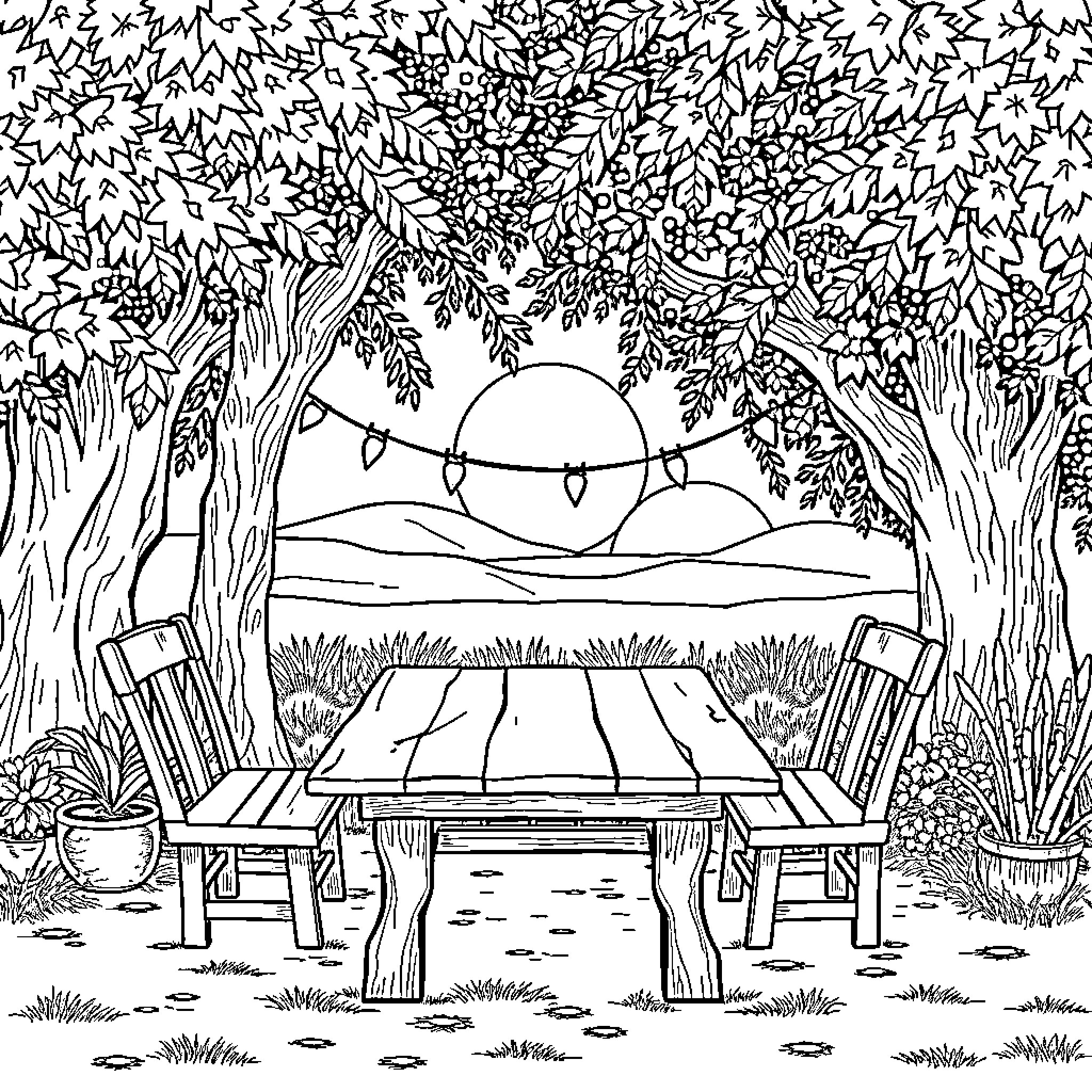 Site for Outdoor Seating and Relaxation Coloring Page (free black-and-white line drawing printable PDF for all, from beginners to advanced learners, including children, teens, adults, and seniors)