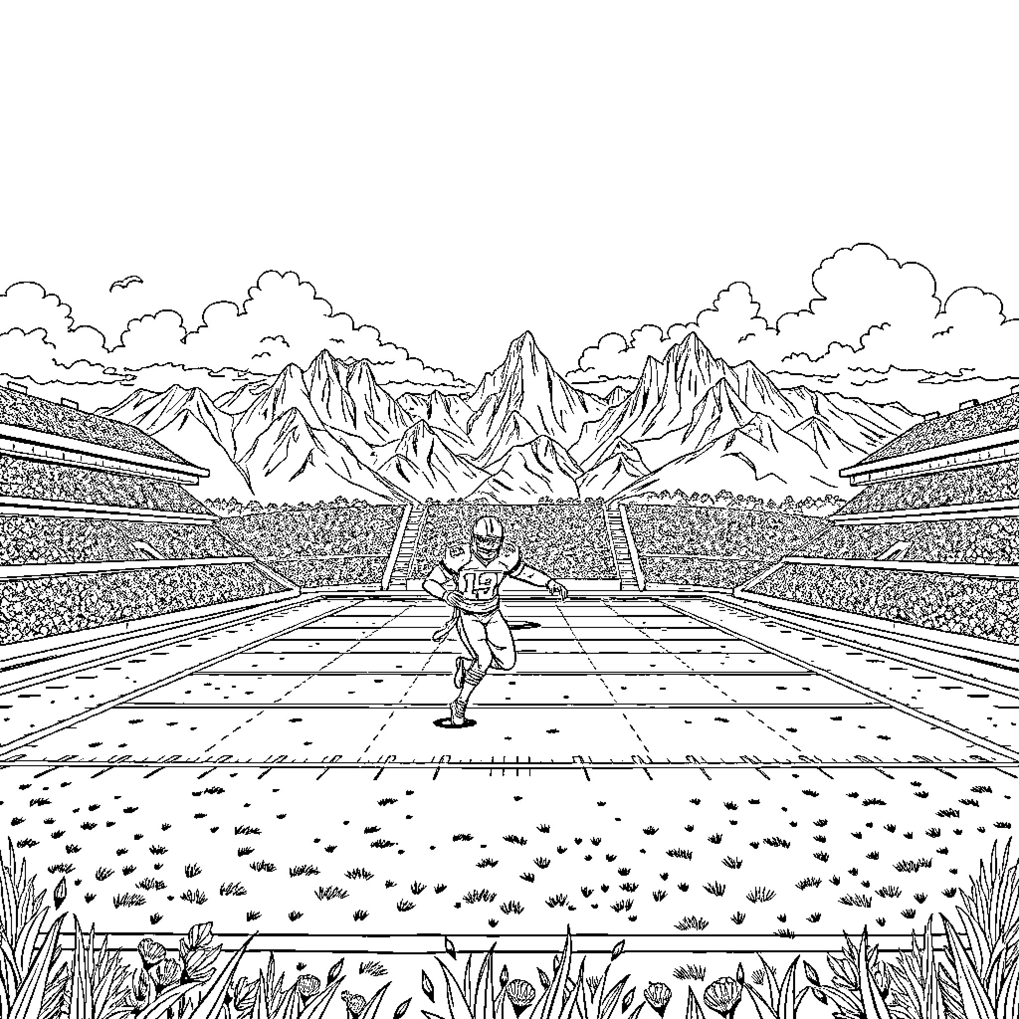 Football Player Running on the Field in Stadium Coloring Page (free black-and-white line drawing printable PDF for all, from beginners to advanced learners, including children, teens, adults, and seniors)
