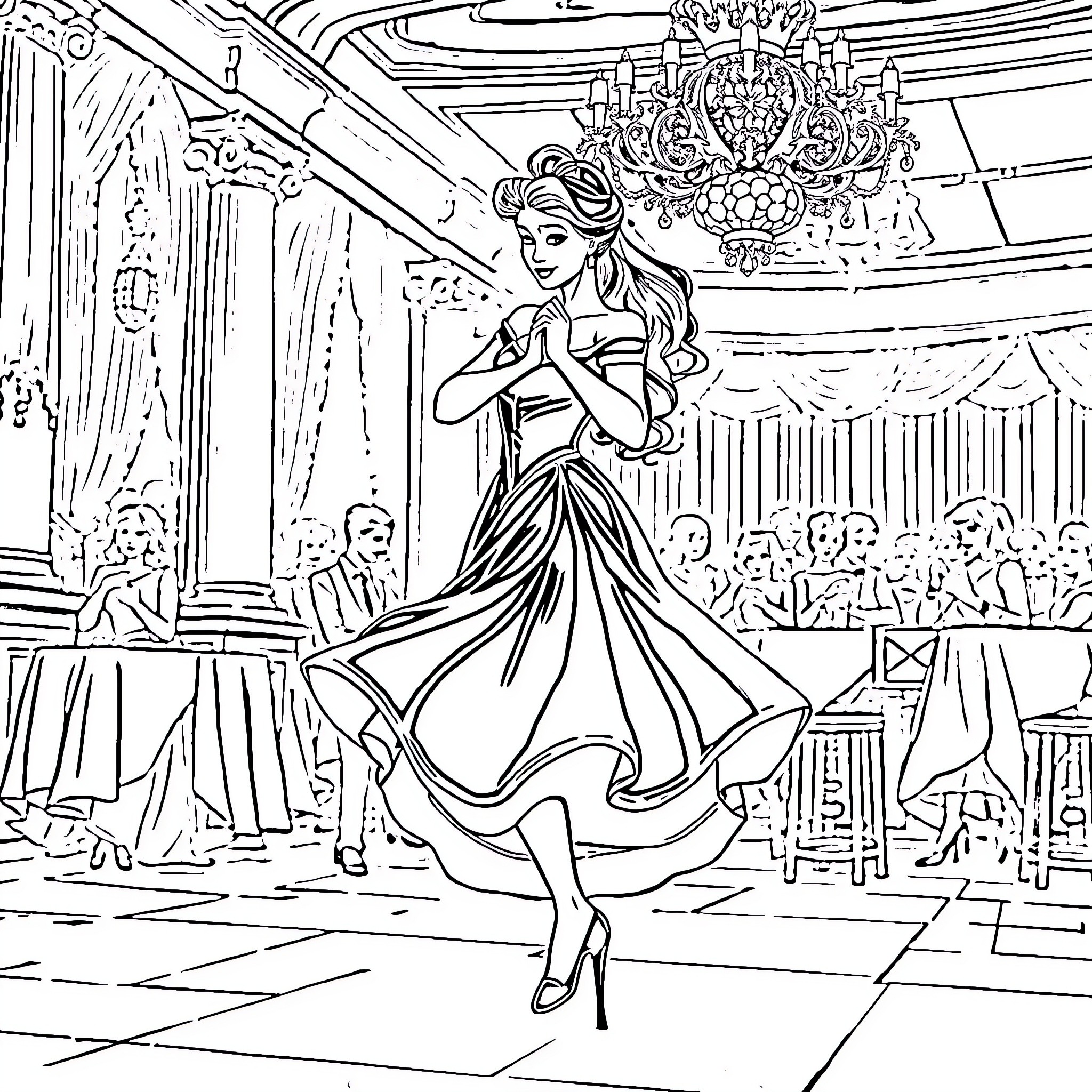 Belle dancing gracefully in a grand ballroom Coloring Page (free black-and-white line drawing printable PDF for all, from beginners to advanced learners, including children, teens, adults, and seniors)