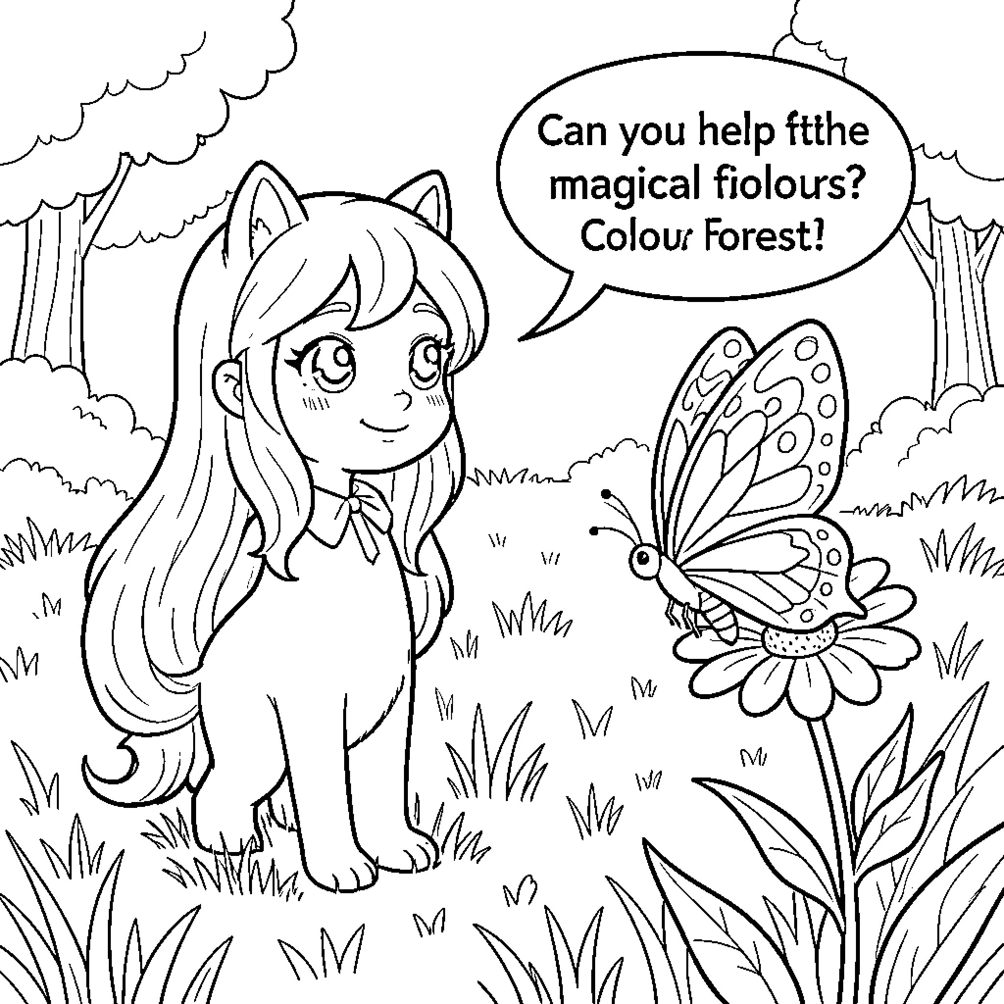Luna's magical fiolour forest adventure Coloring Page (free black-and-white line drawing printable PDF for all, from beginners to advanced learners, including children, teens, adults, and seniors)