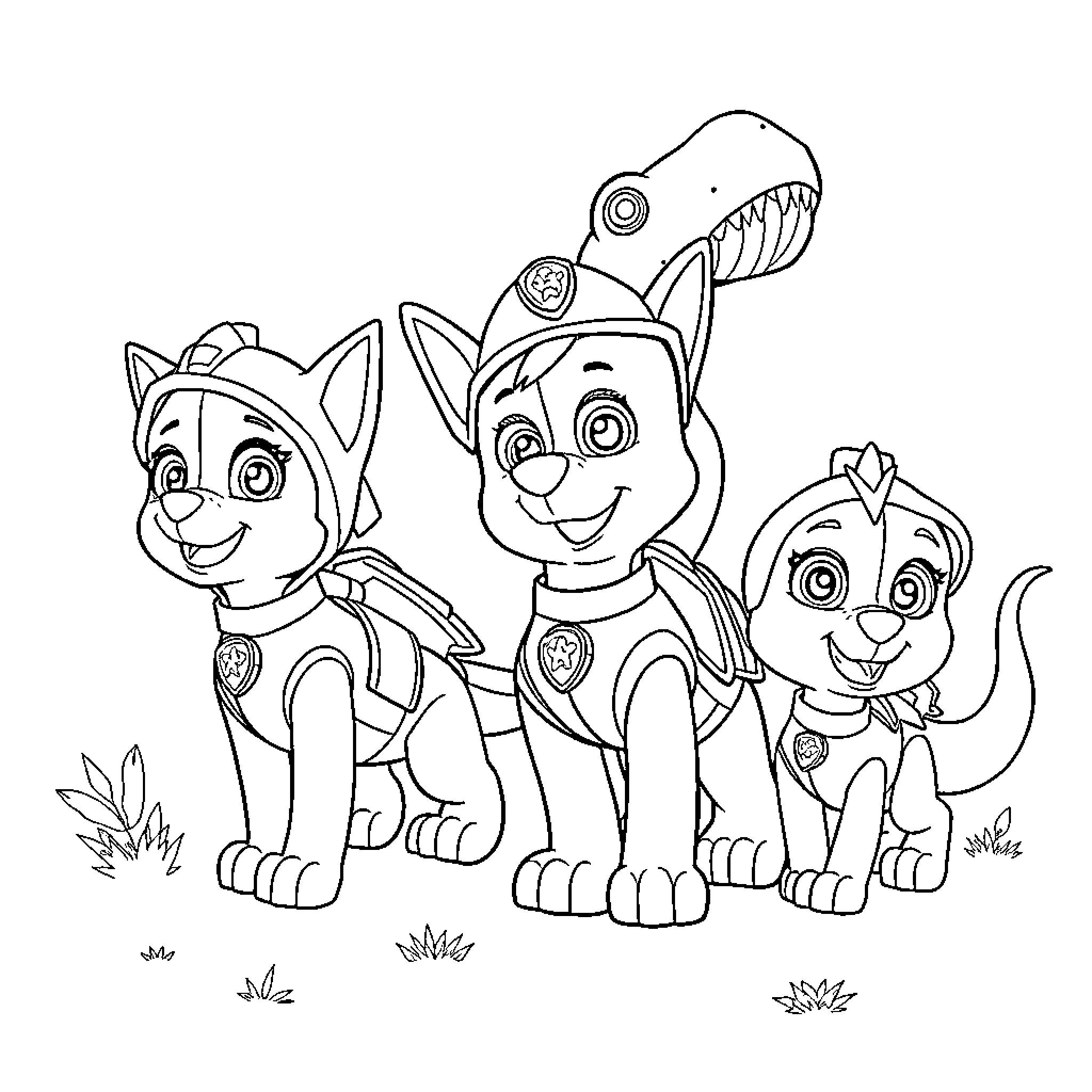Dinosaur-themed Pups on an Adventure Coloring Page (free black-and-white line drawing printable PDF for all, from beginners to advanced learners, including children, teens, adults, and seniors)