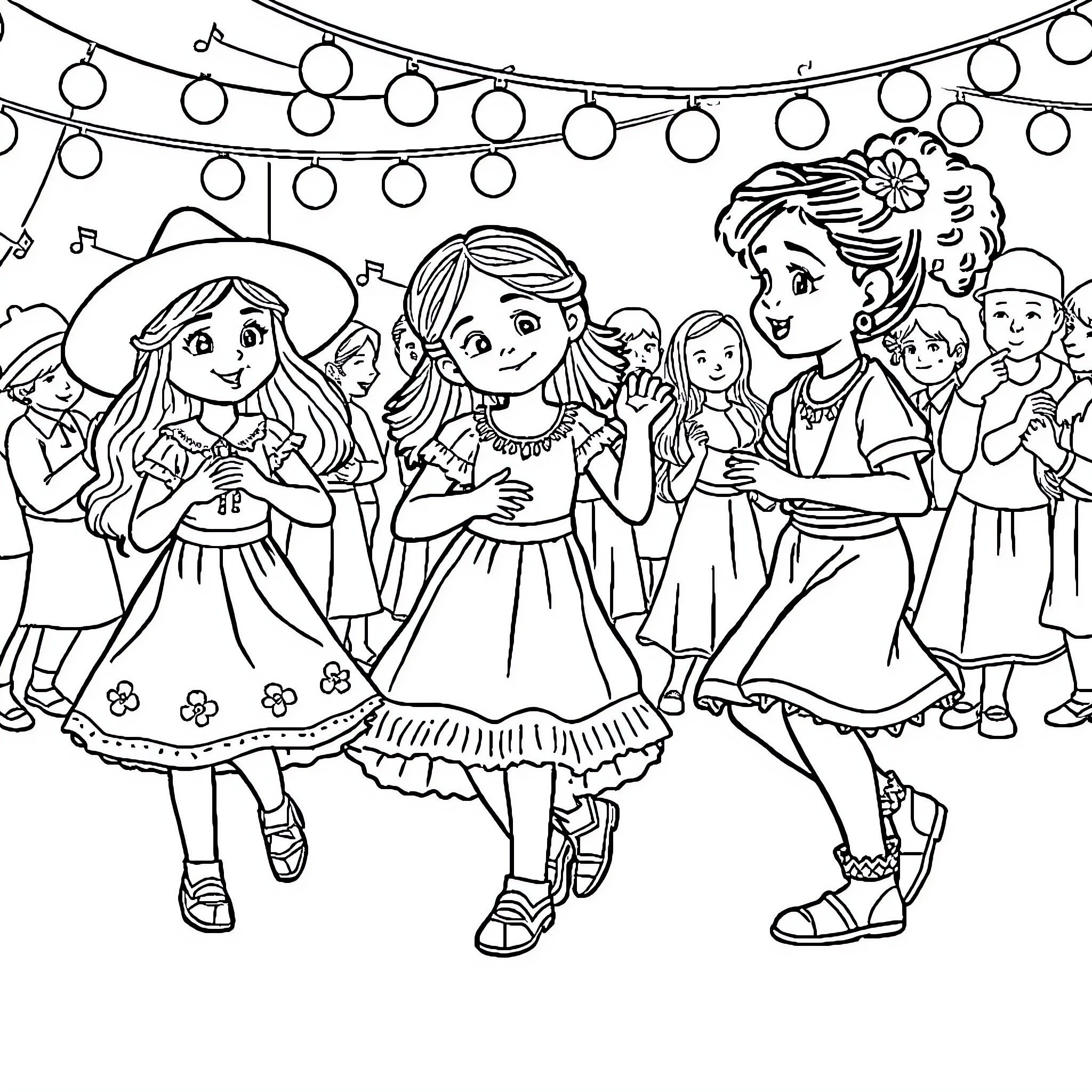 Children in festive outfits enjoying a celebration Coloring Page (free black-and-white line drawing printable PDF for all, from beginners to advanced learners, including children, teens, adults, and seniors)