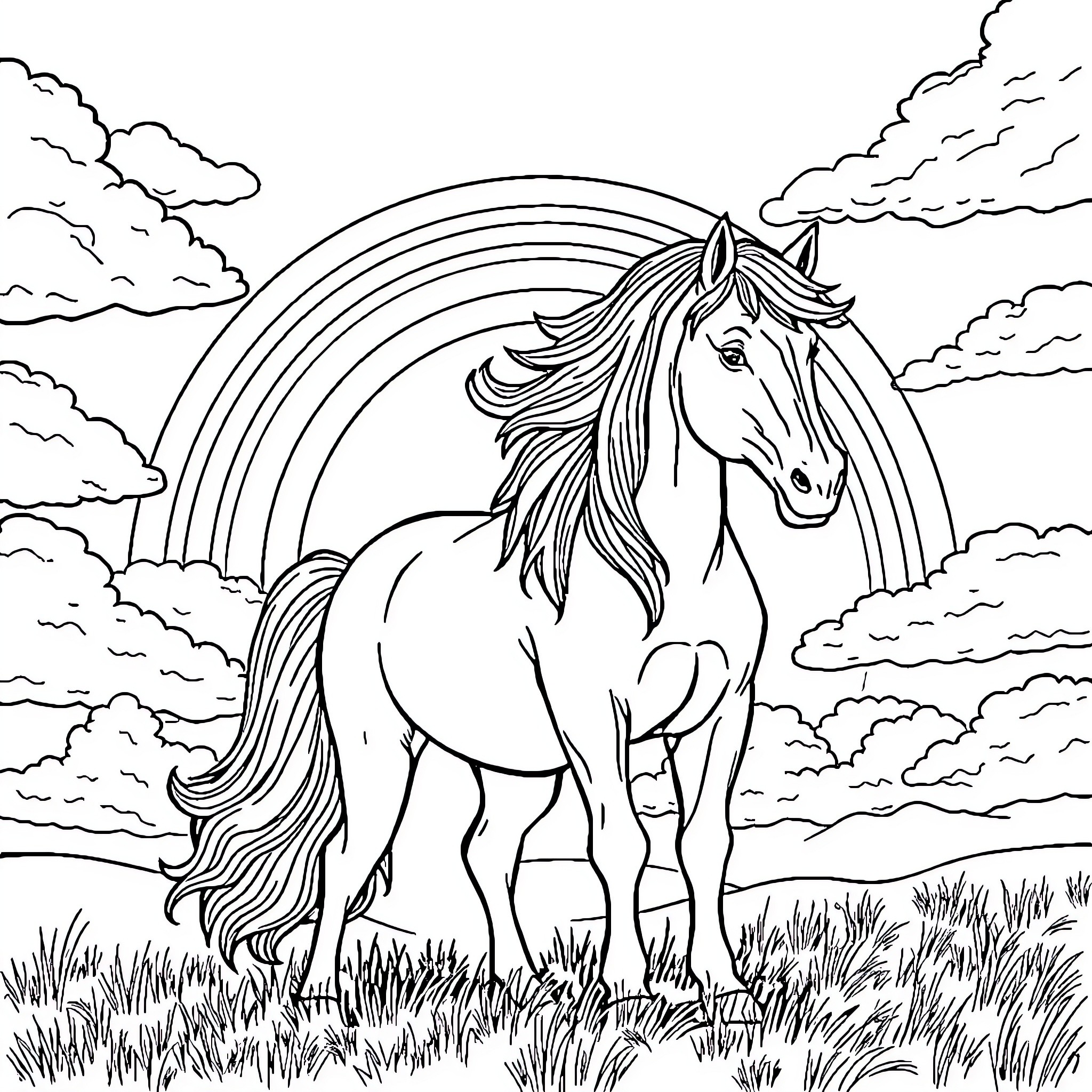 Horse Standing Amidst Clouds and Rainbow Coloring Page (free black-and-white line drawing printable PDF for all, from beginners to advanced learners, including children, teens, adults, and seniors)